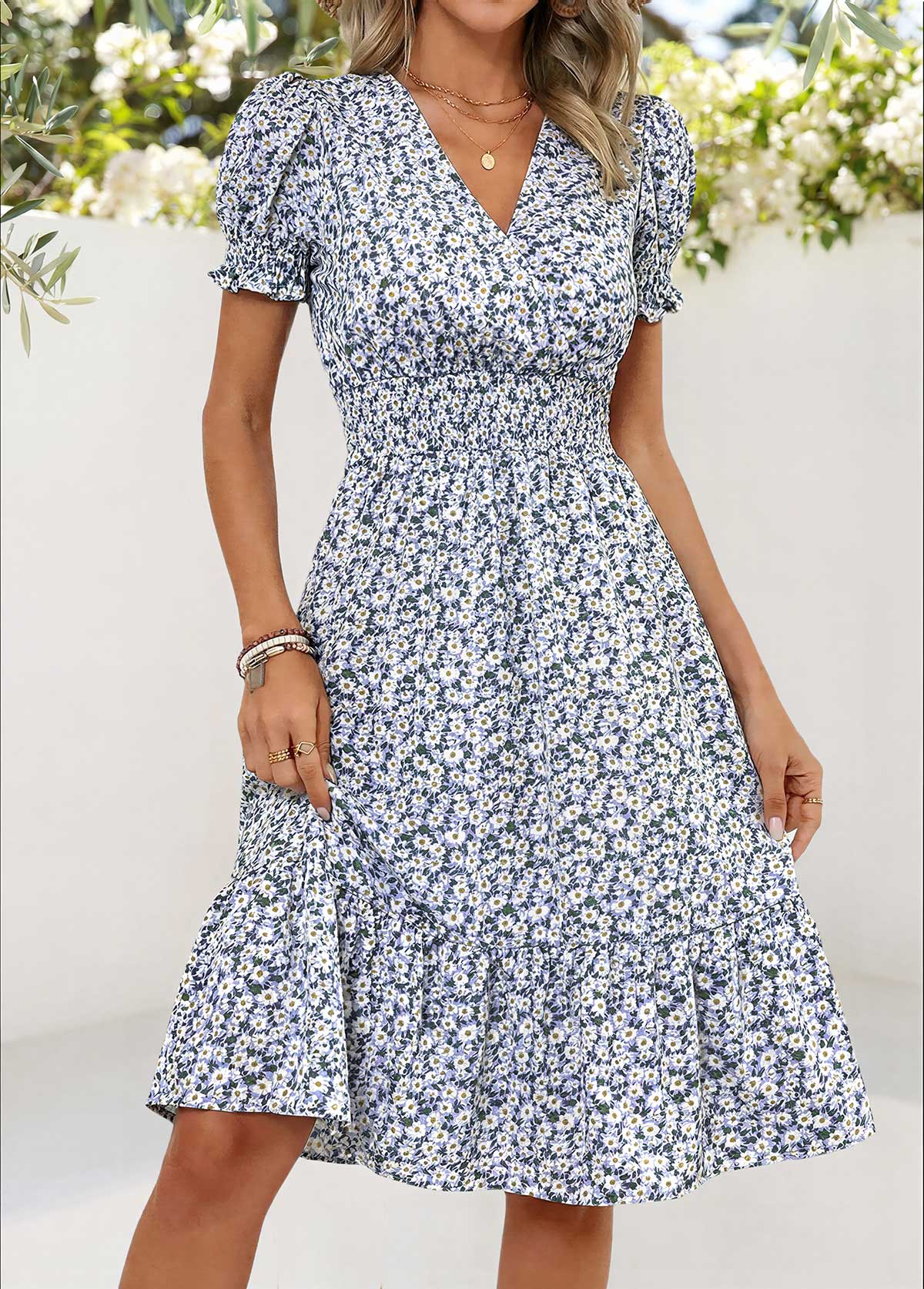 Multi Color Ditsy Floral Print Smocked Short Sleeve Dress | picture 