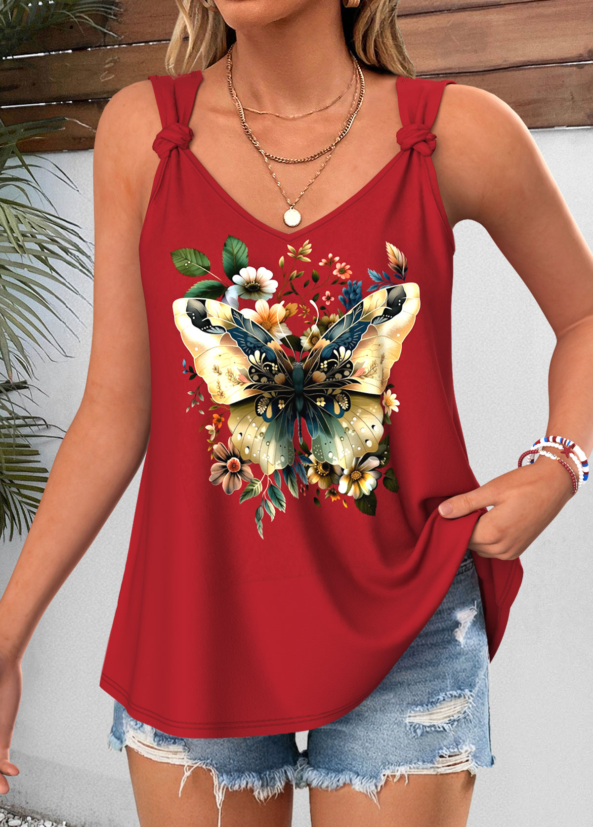 Red Floral Print Twist Sleeveless V Neck Tank Top | picture 