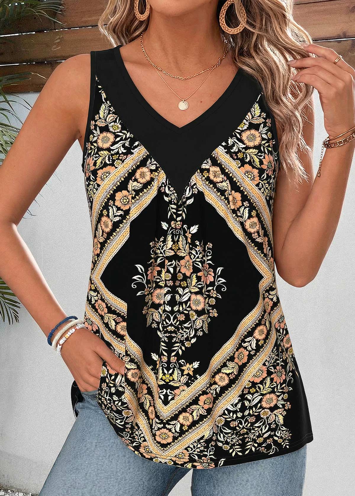 Black Tribal Print Patchwork Long Sleeve Tank Top | picture 