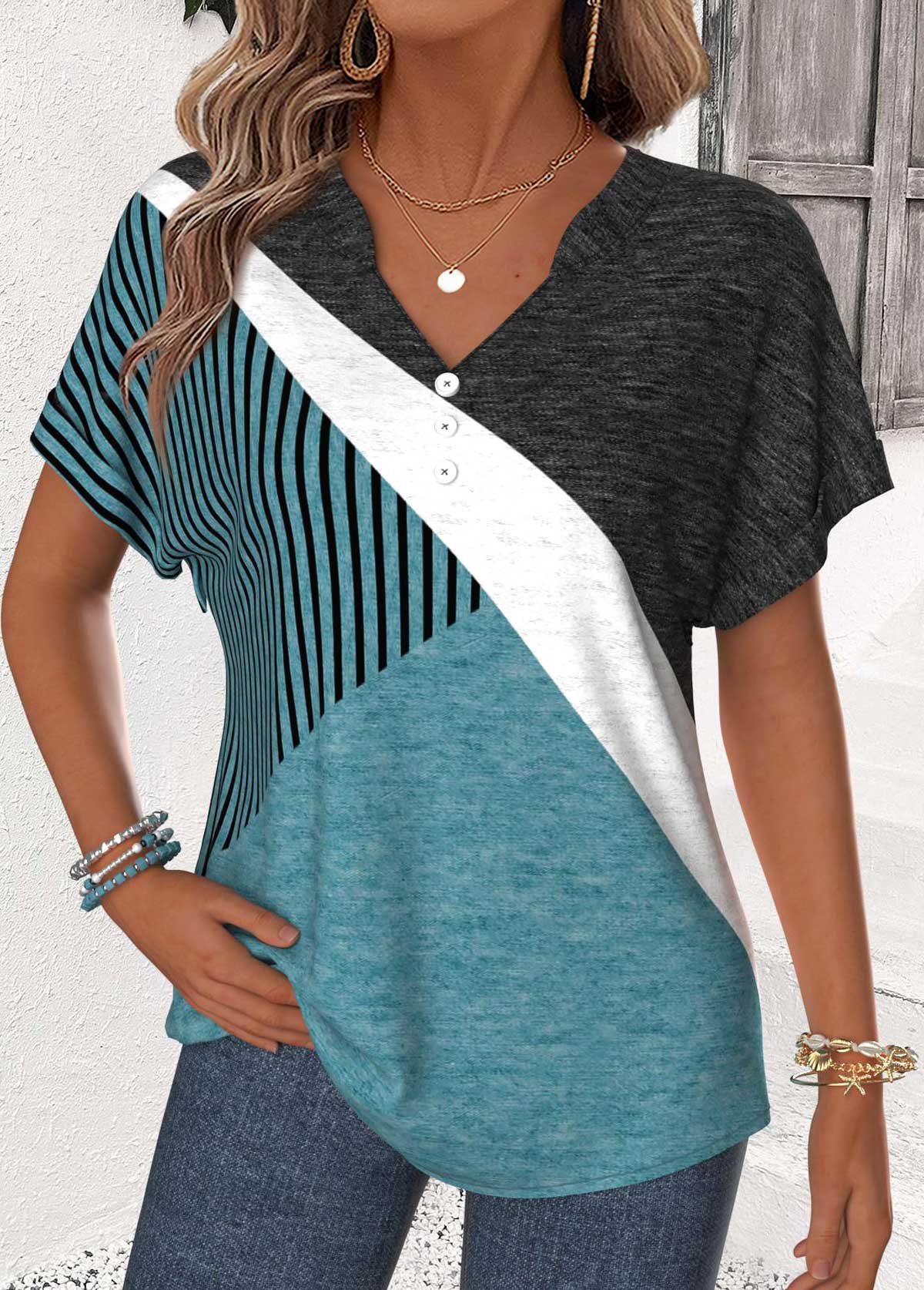 Turquoise Geometric Print Tummy Coverage Short Sleeve T Shirt | picture 