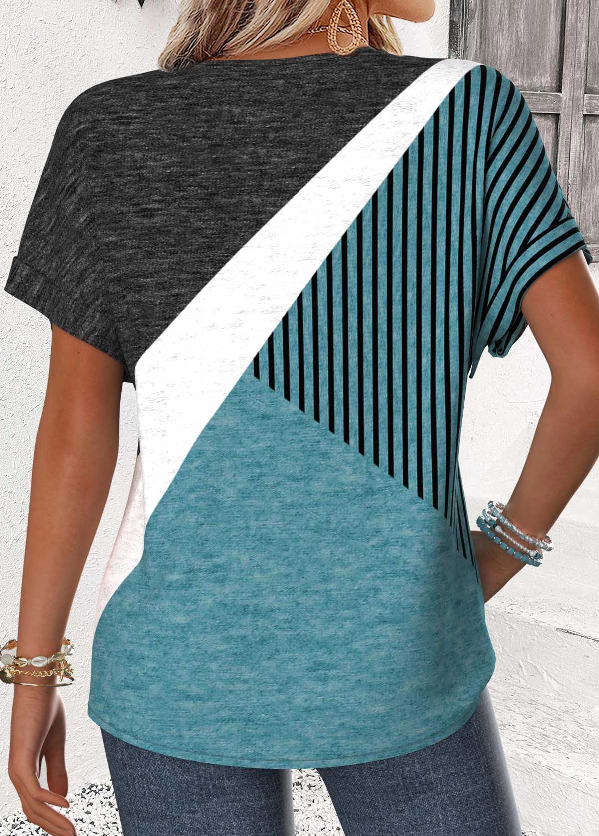 Turquoise Geometric Print Tummy Coverage Short Sleeve T Shirt | picture 