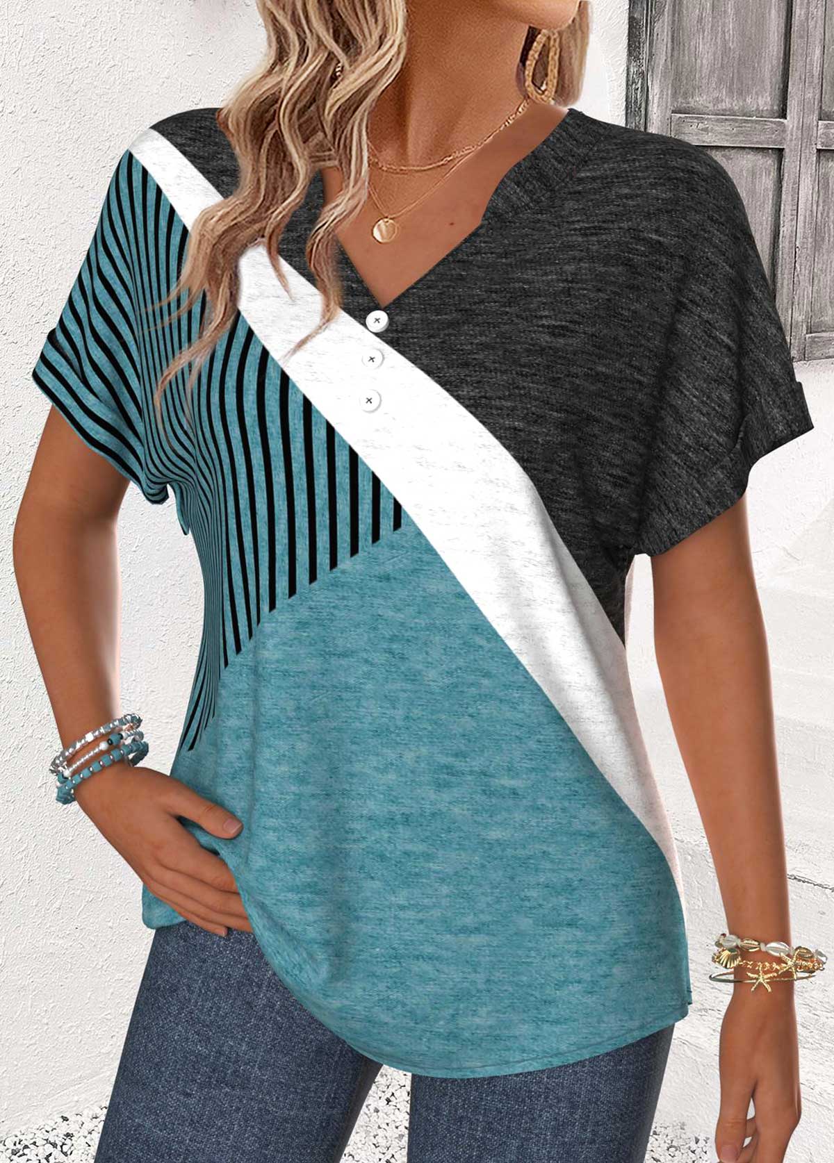 Turquoise Geometric Print Tummy Coverage Short Sleeve T Shirt | picture 