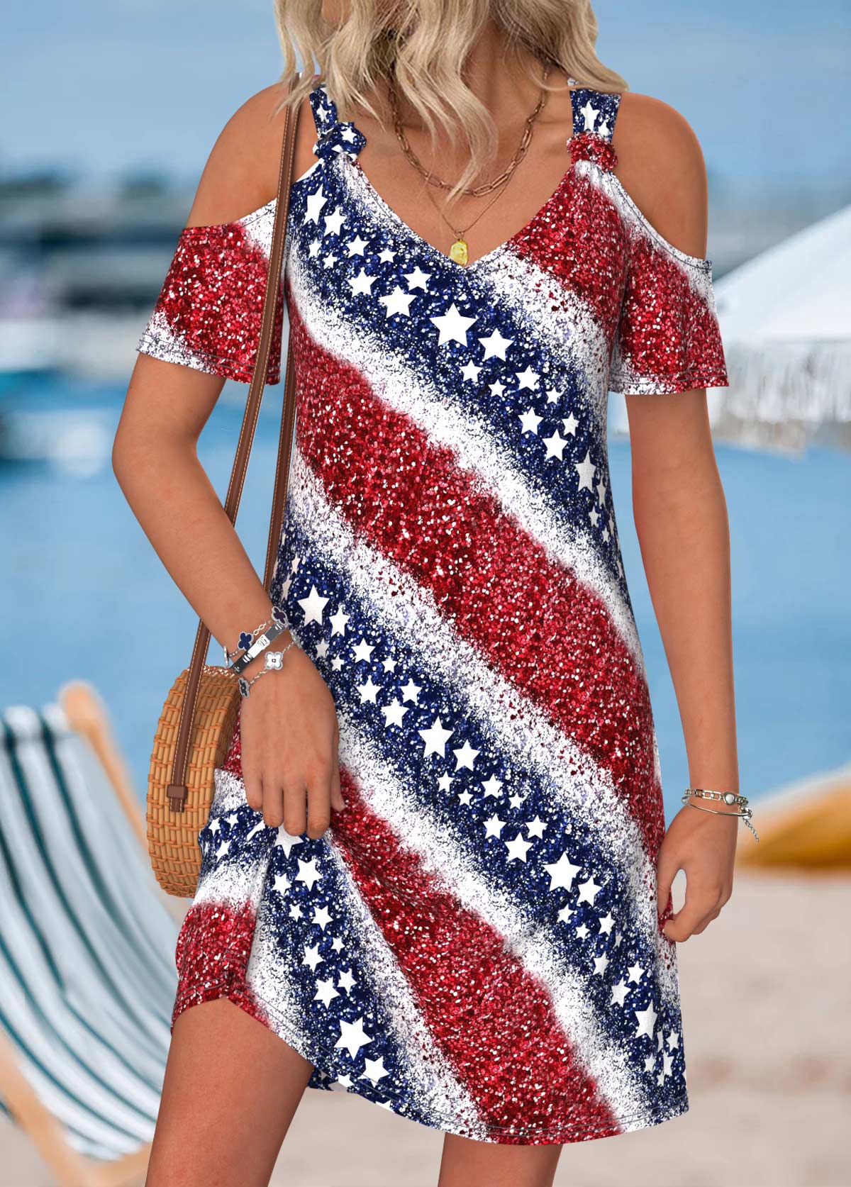Multi Color Flag Print Short Twist V Neck Dress | picture 