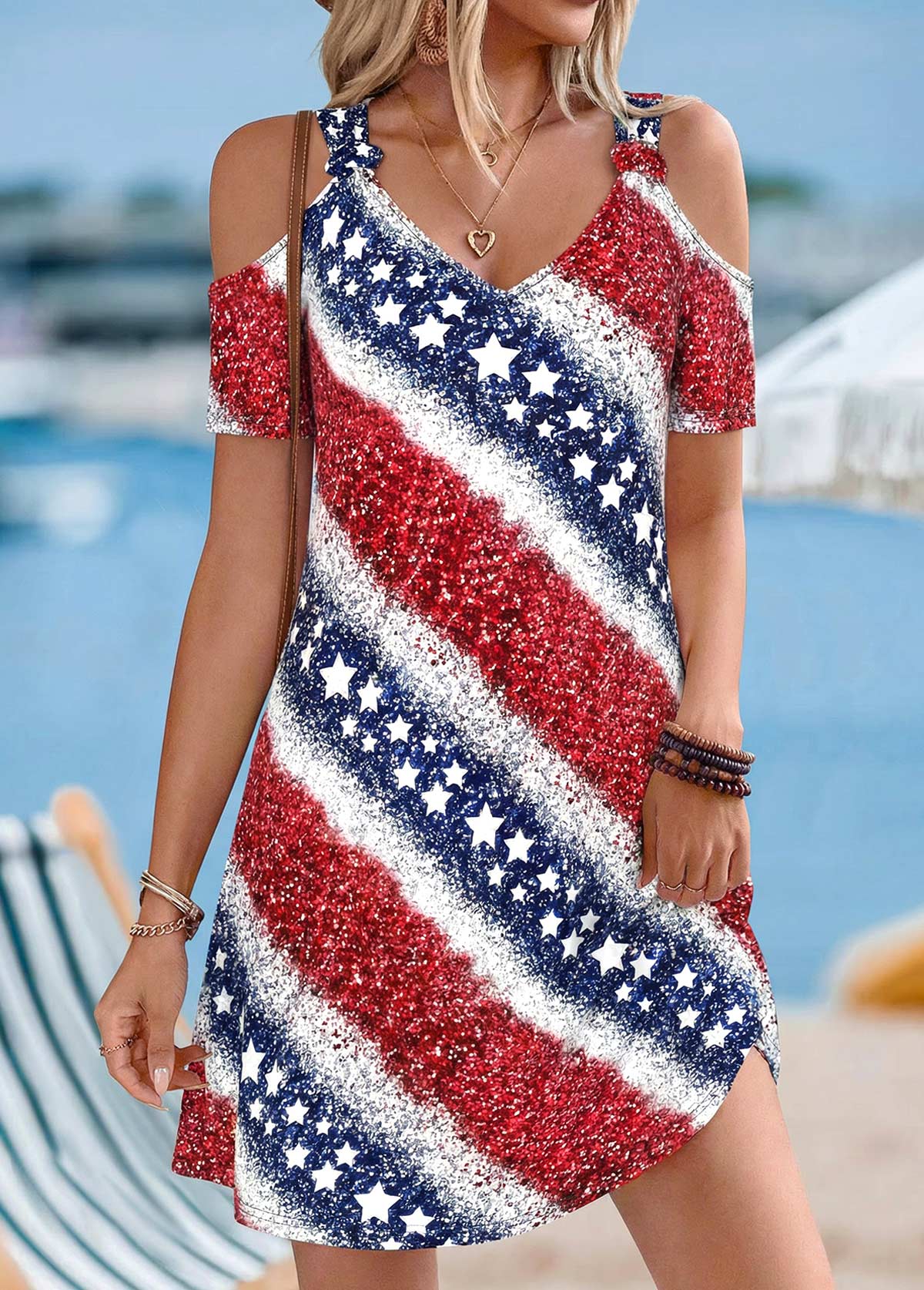 Multi Color Flag Print Short Twist V Neck Dress | picture 