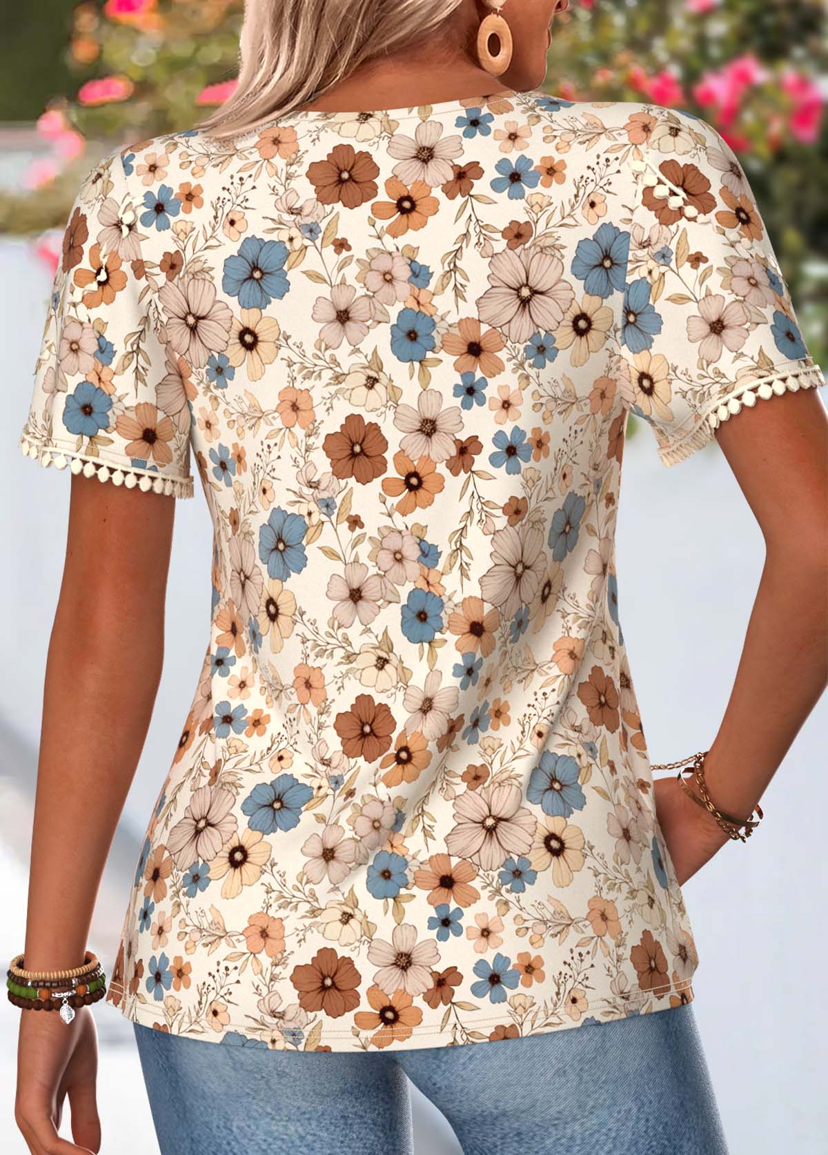 Beige Floral Print Tummy Coverage Short Sleeve T Shirt | picture 