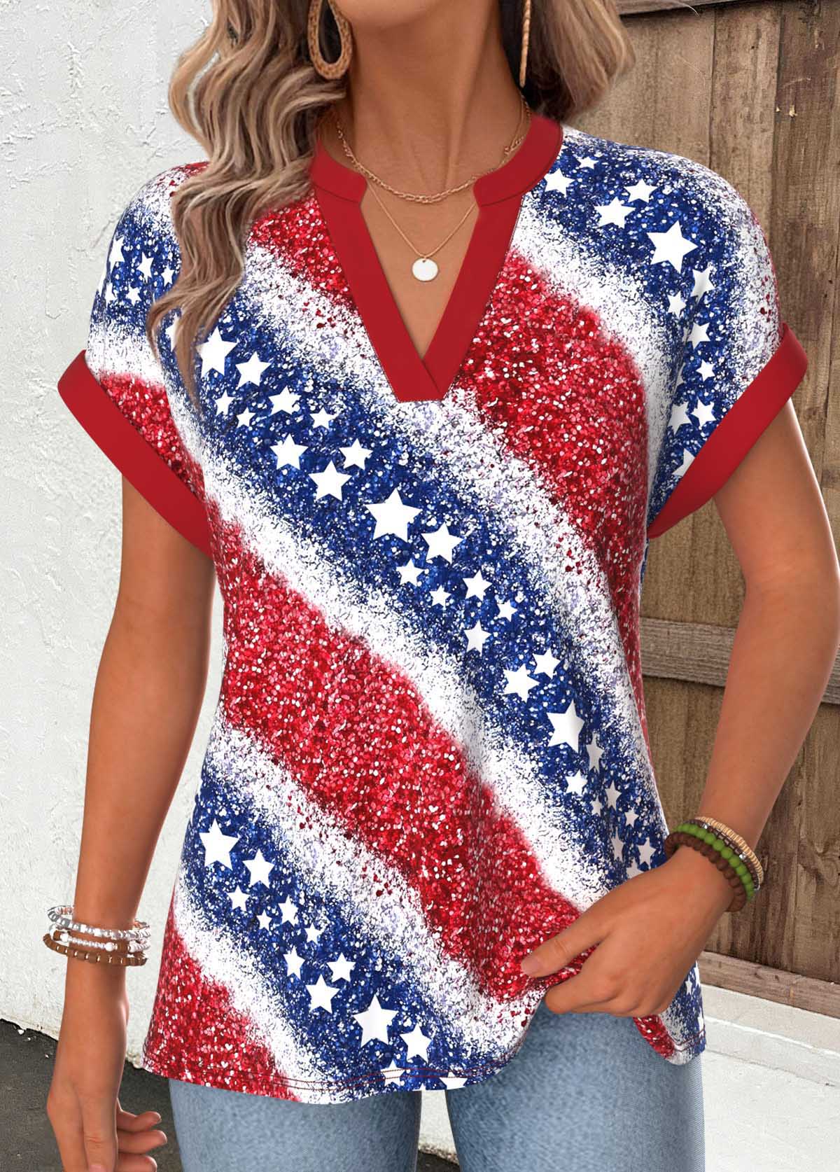 American Flag Red Short Sleeve Split Neck T Shirt | picture 