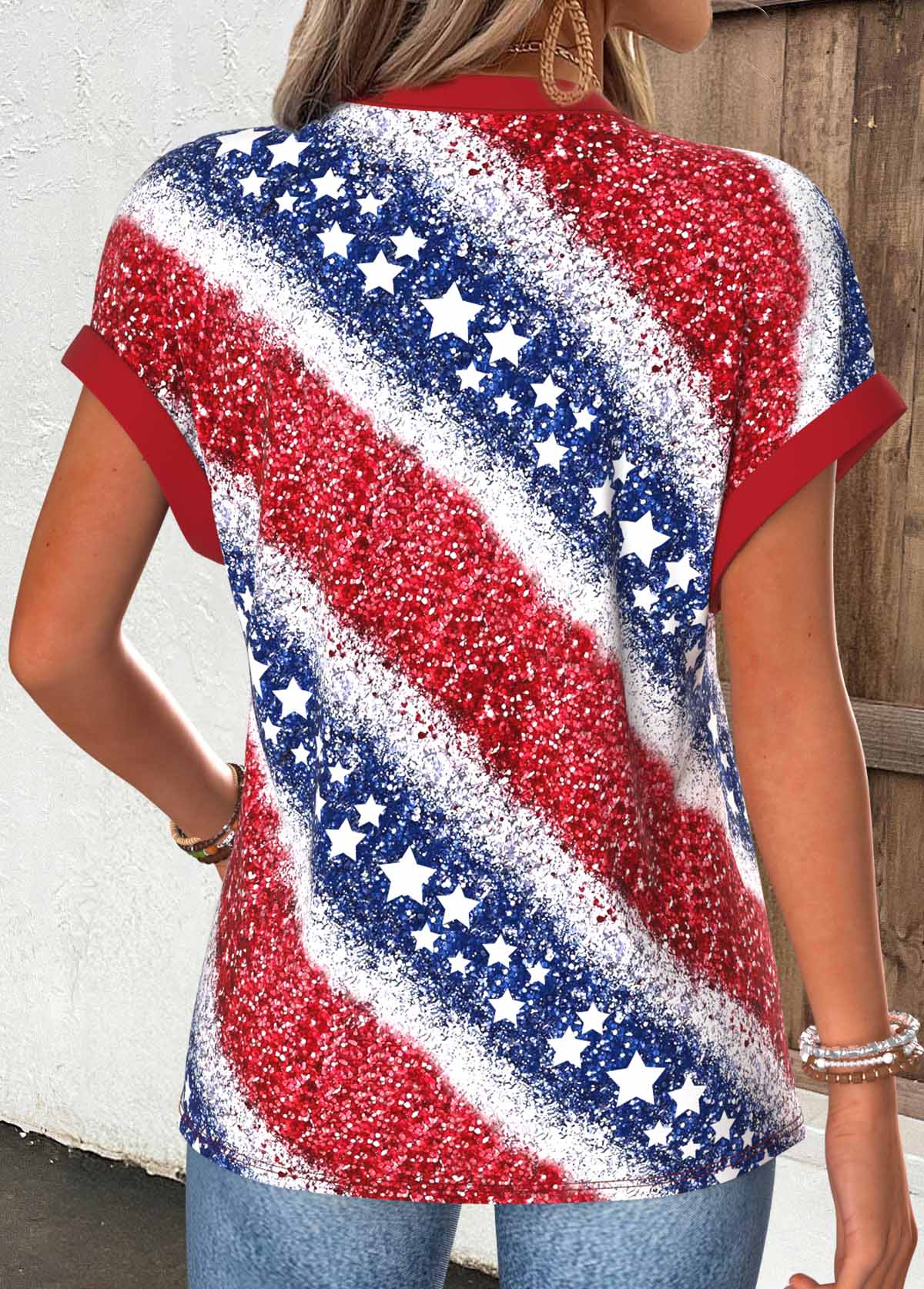 American Flag Red Short Sleeve Split Neck T Shirt | picture 