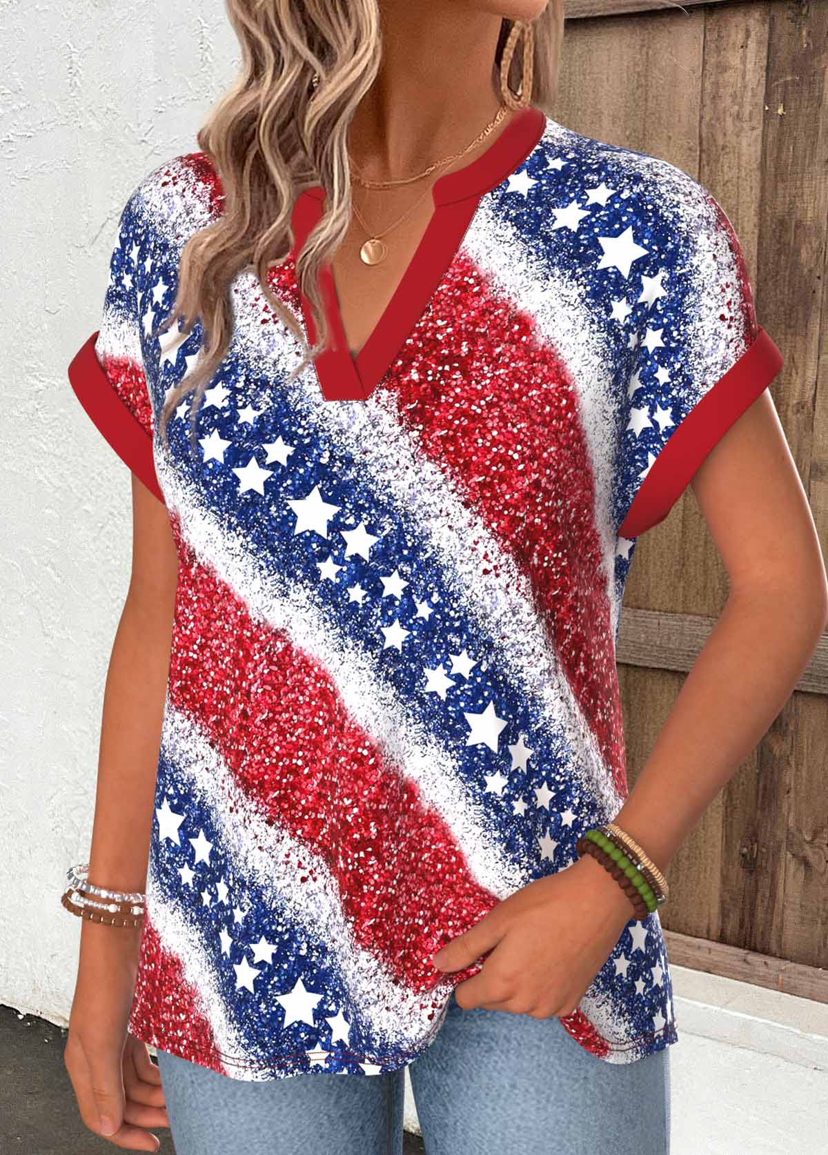 American Flag Red Short Sleeve Split Neck T Shirt | picture 
