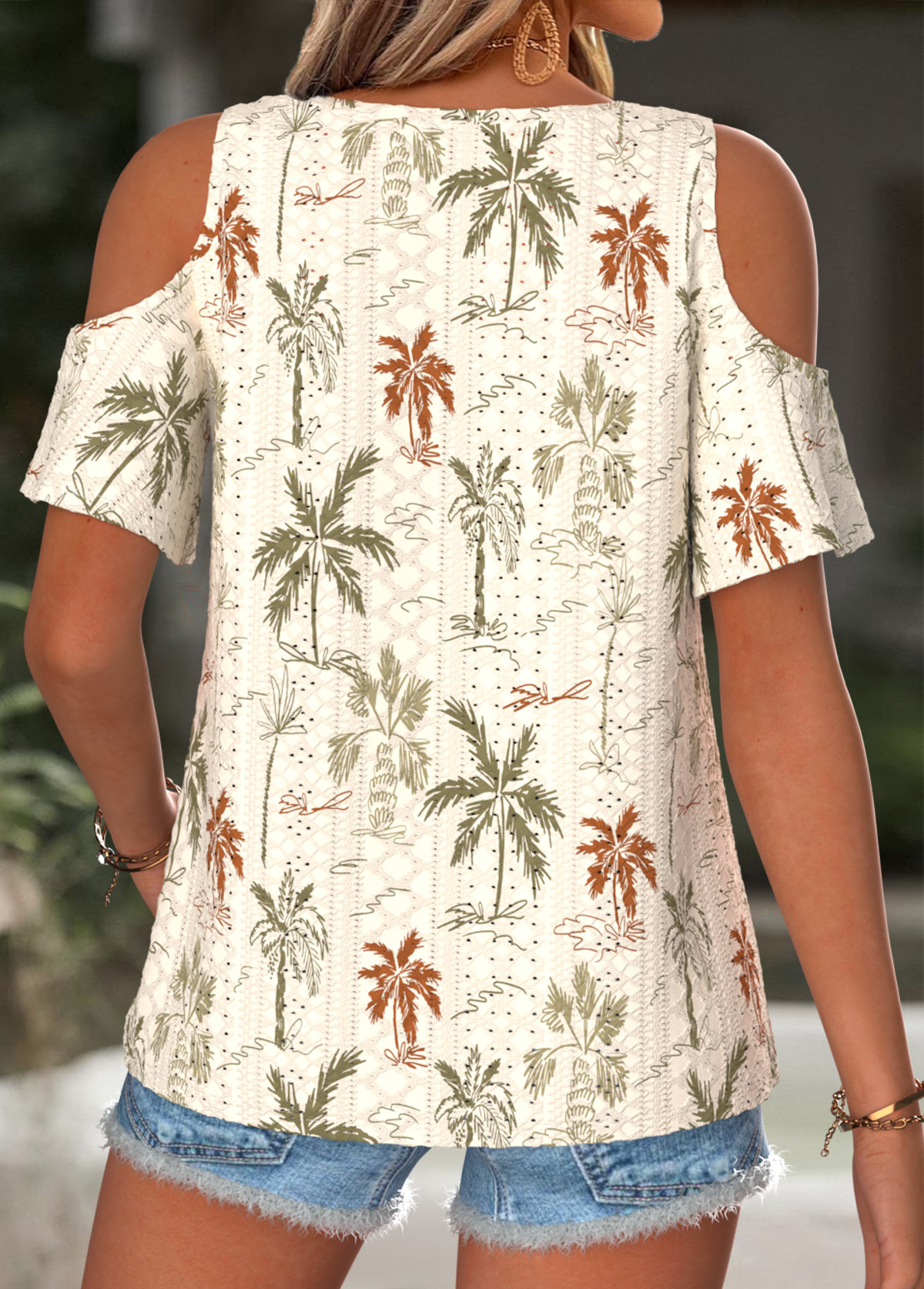 Beige Tropical Plants Print Curved Hem T Shirt | picture 