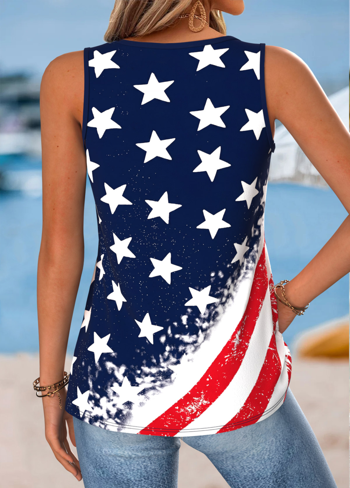 Navy Flag Print Curved Hem Sleeveless Tank Top | picture 