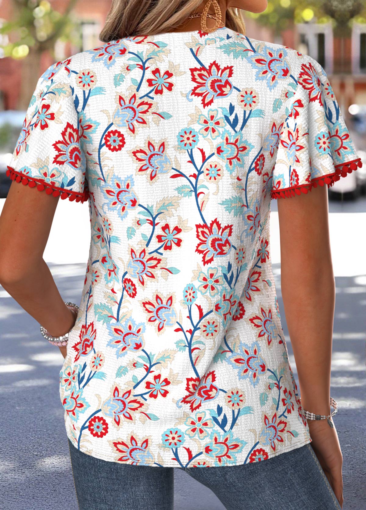 Multi Color Floral Print Patchwork Short Sleeve T Shirt | picture 