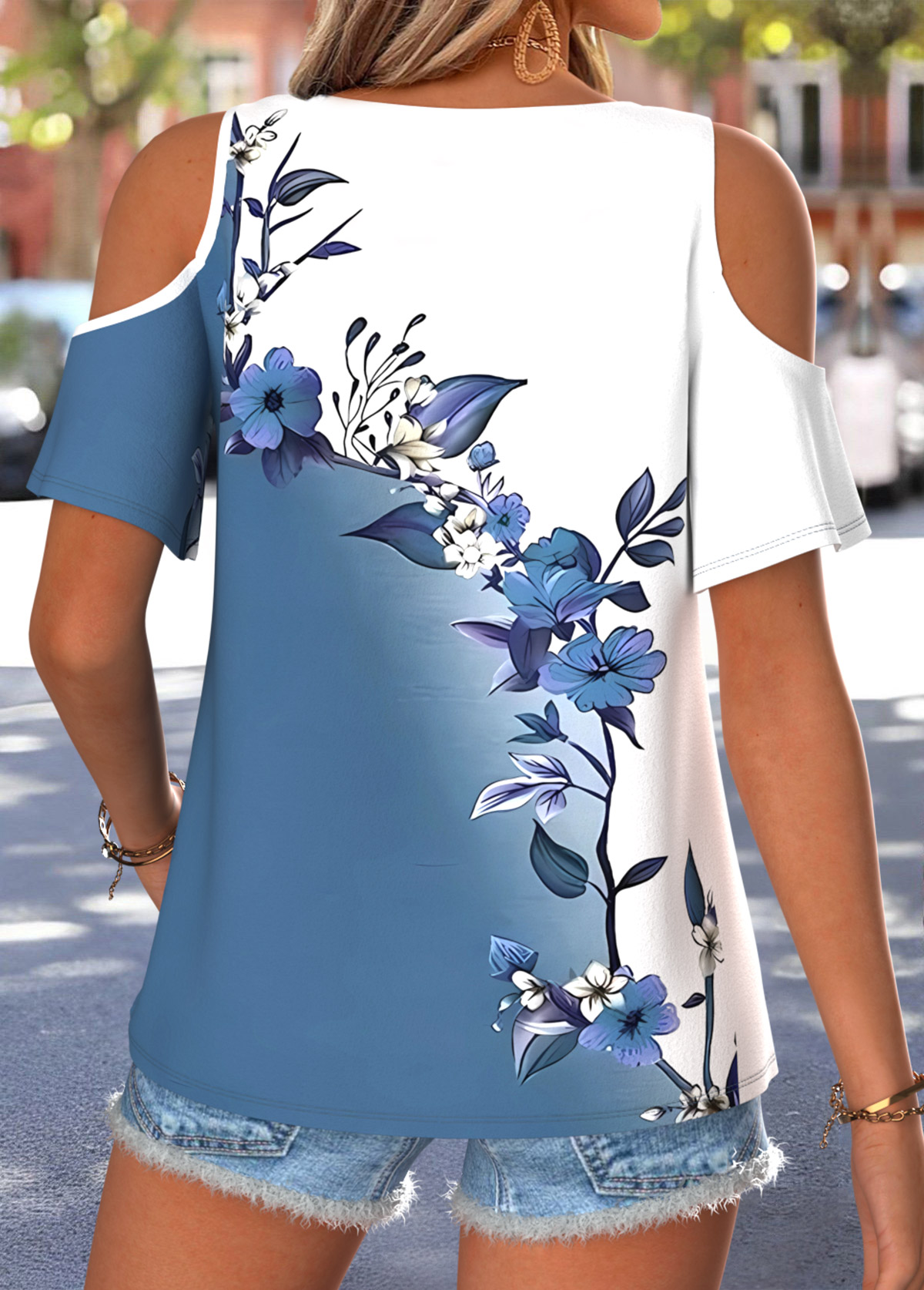 Blue Random Floral Print Tie Half Sleeve T Shirt | picture 
