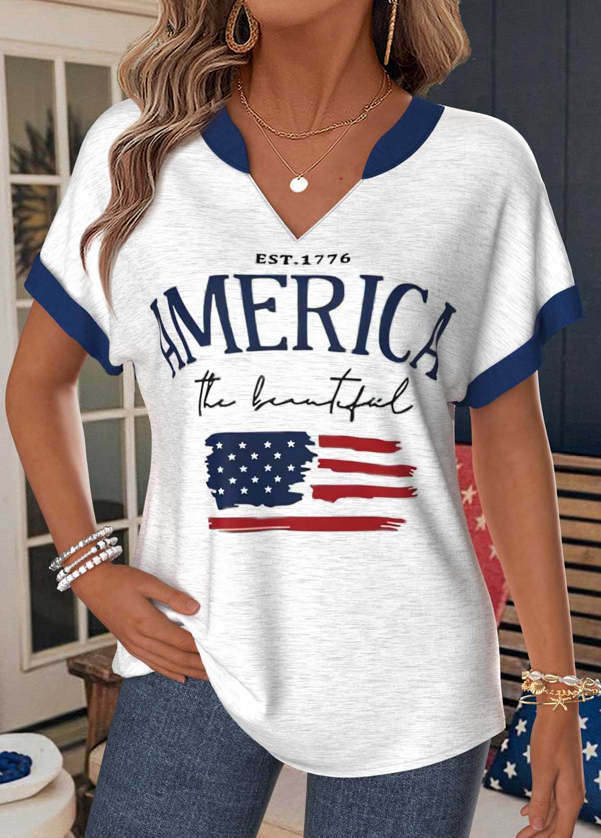 American Flag Raw White Tummy Coverage T Shirt | picture 