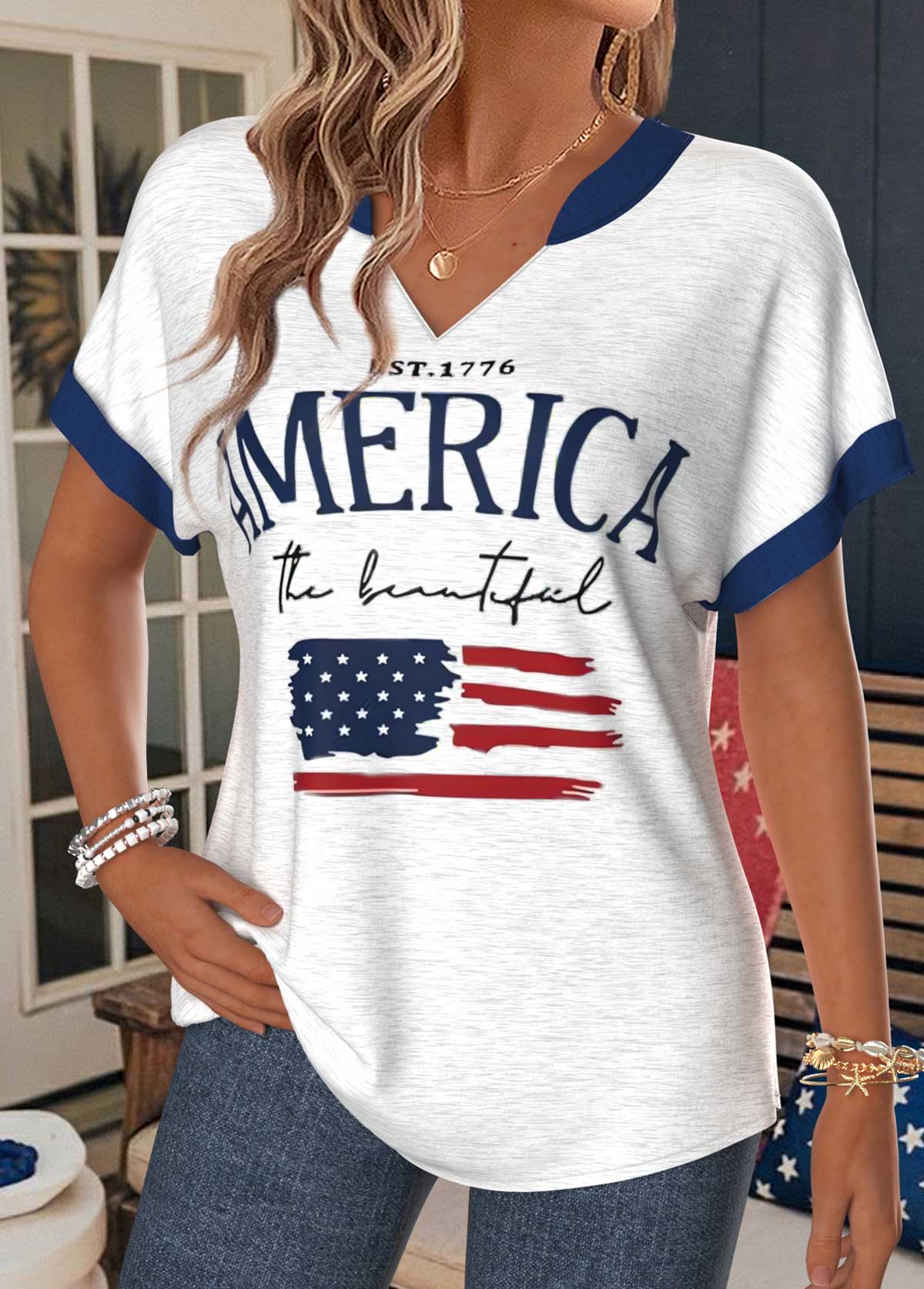 American Flag Raw White Tummy Coverage T Shirt | picture 