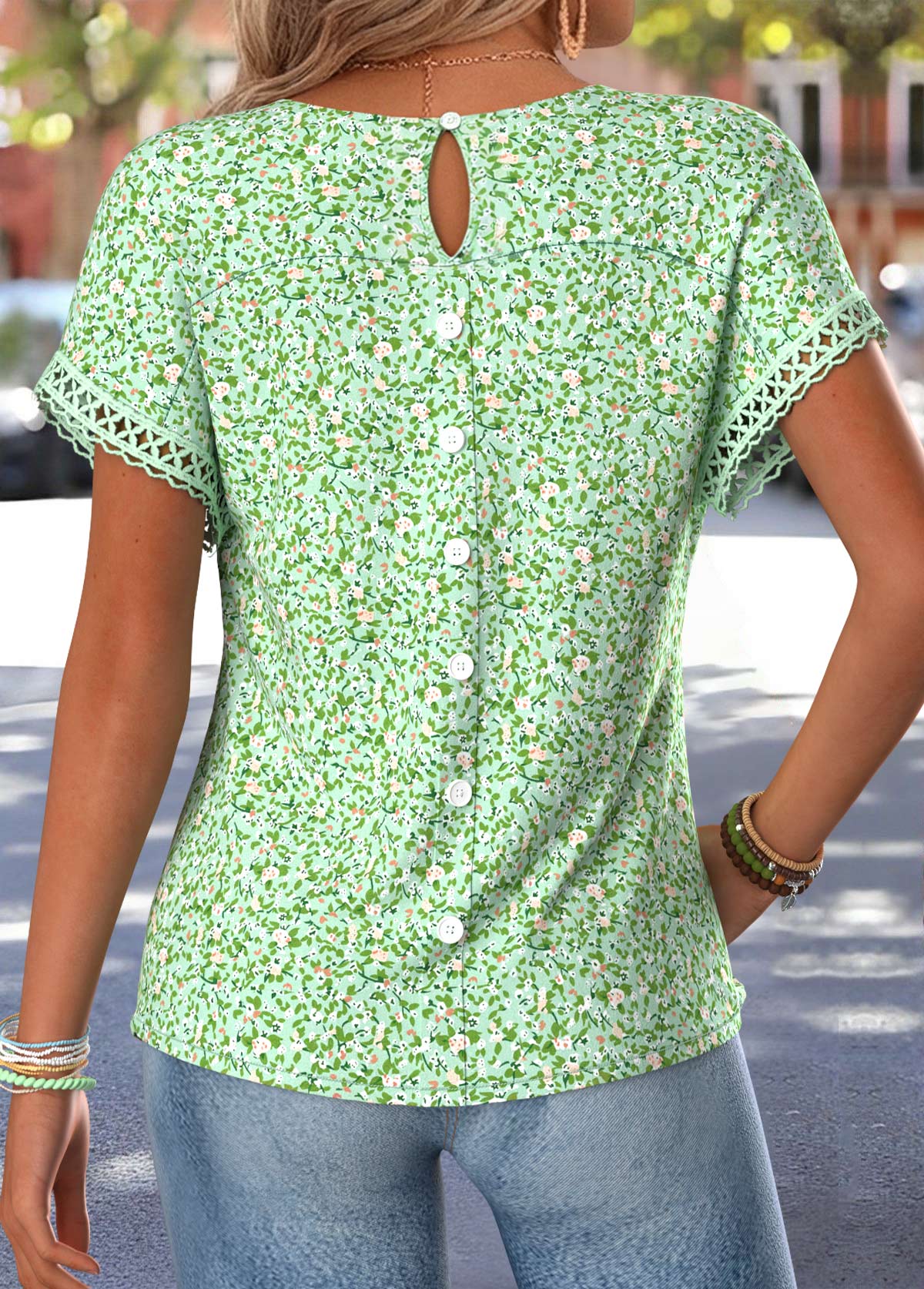 Light Green Ditsy Floral Print Shirred T Shirt | picture 