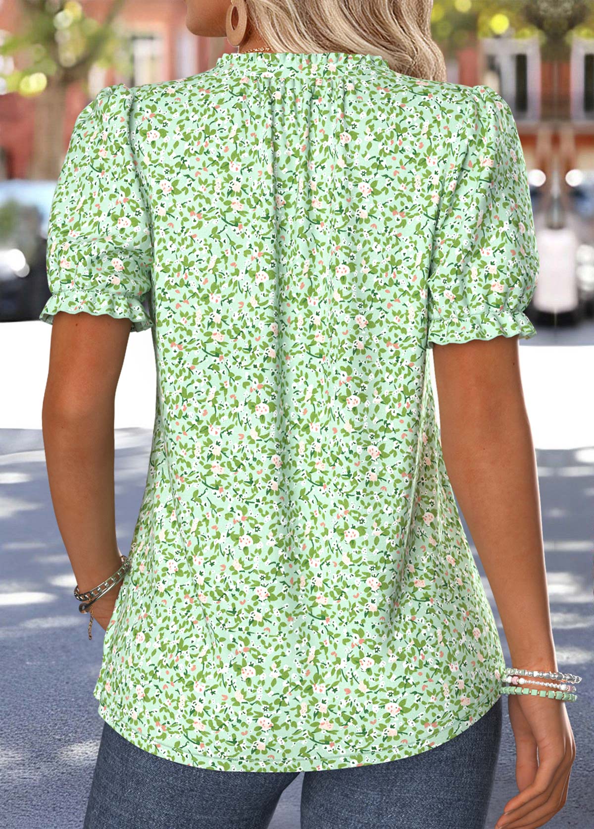 Light Green Ditsy Floral Print Tuck Stitch T Shirt | picture 