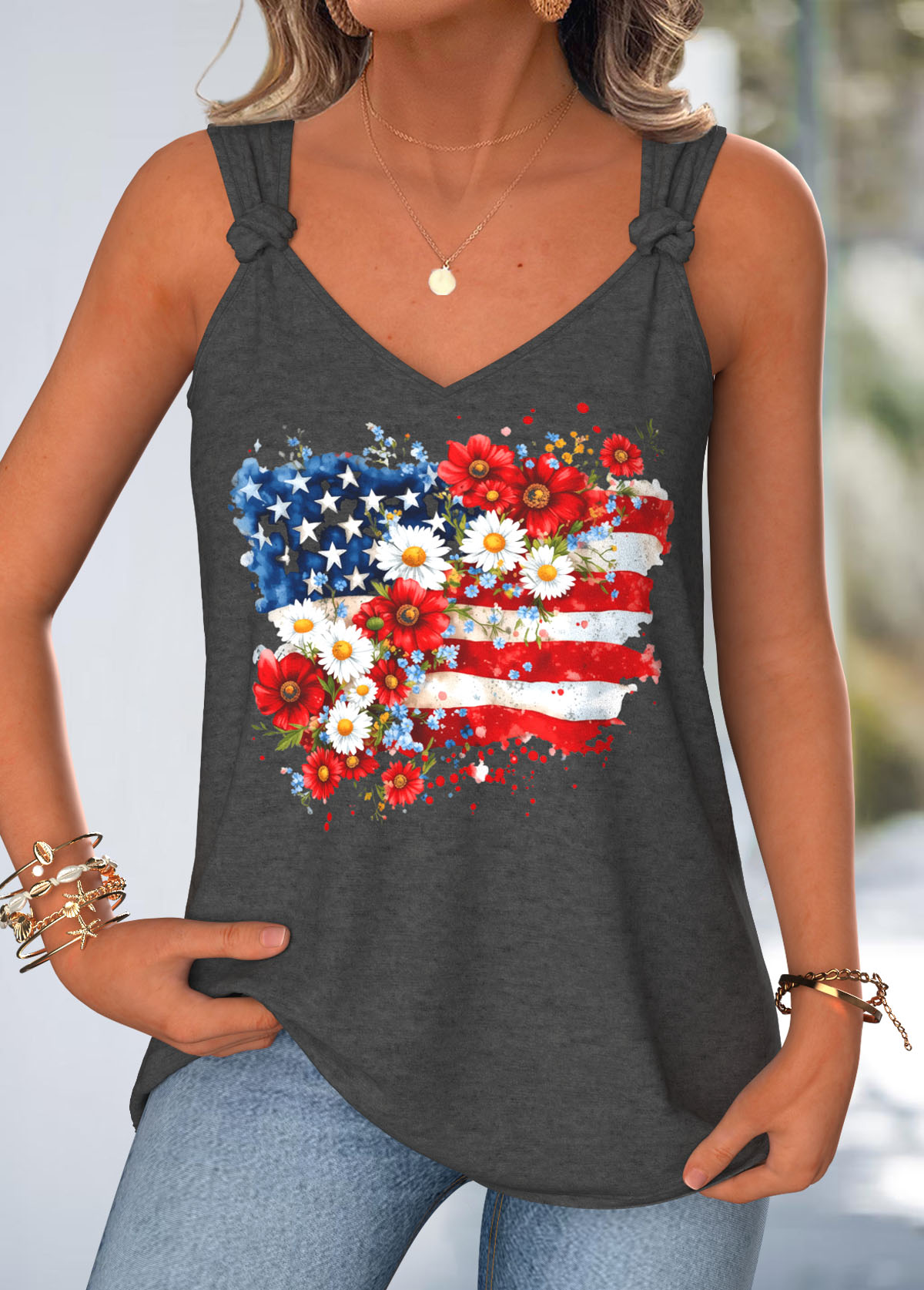 Multi Color American Flag Print Tie Sleeveless Tank Top | picture 