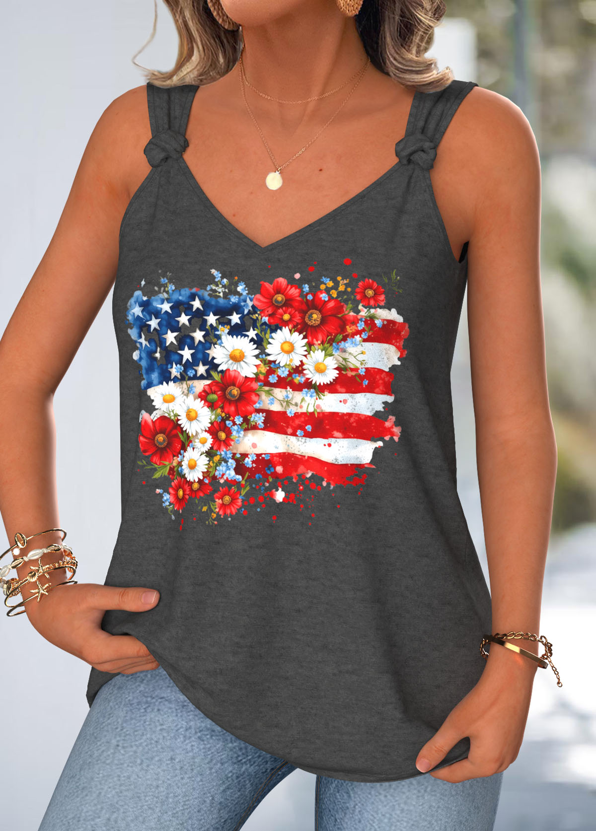 Multi Color American Flag Print Tie Sleeveless Tank Top | picture 