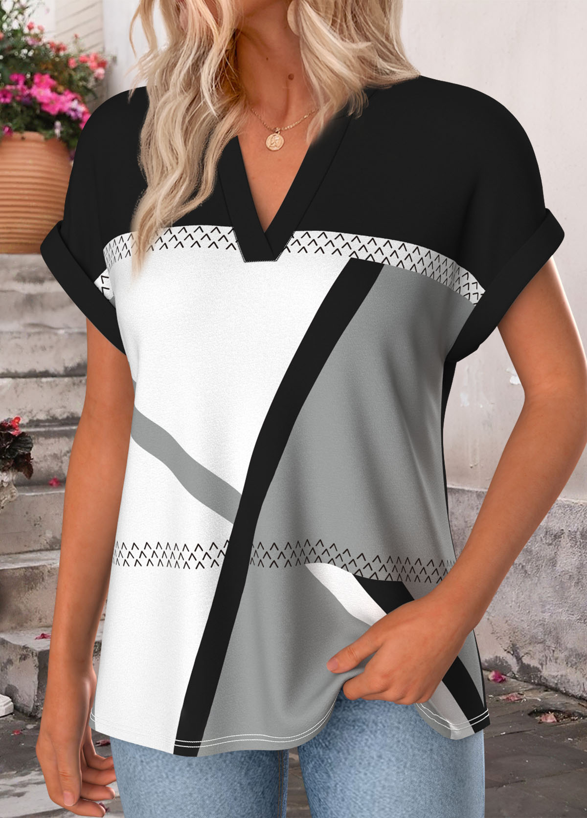 Black Geometric Print Patchwork Short Sleeve T Shirt | picture 