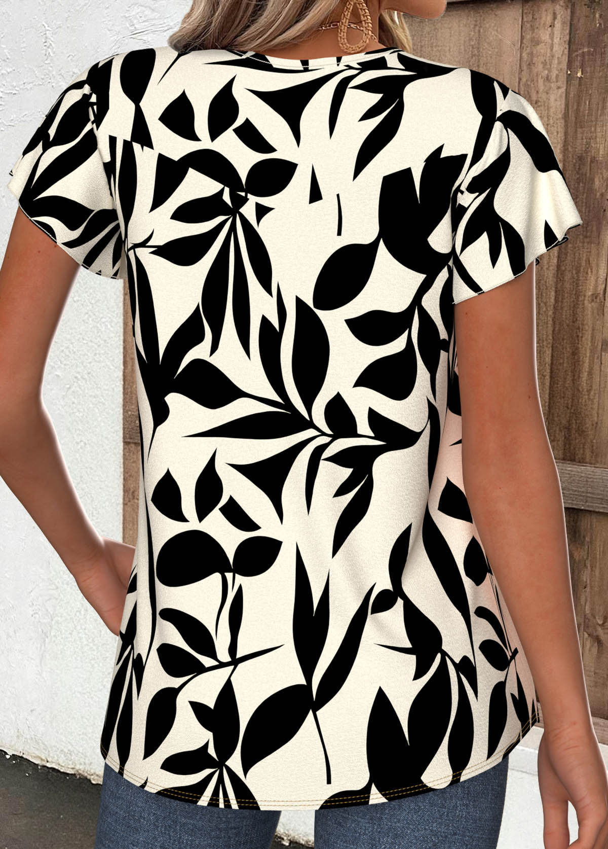 Beige Leaf Print Patchwork Short Sleeve T Shirt | picture 