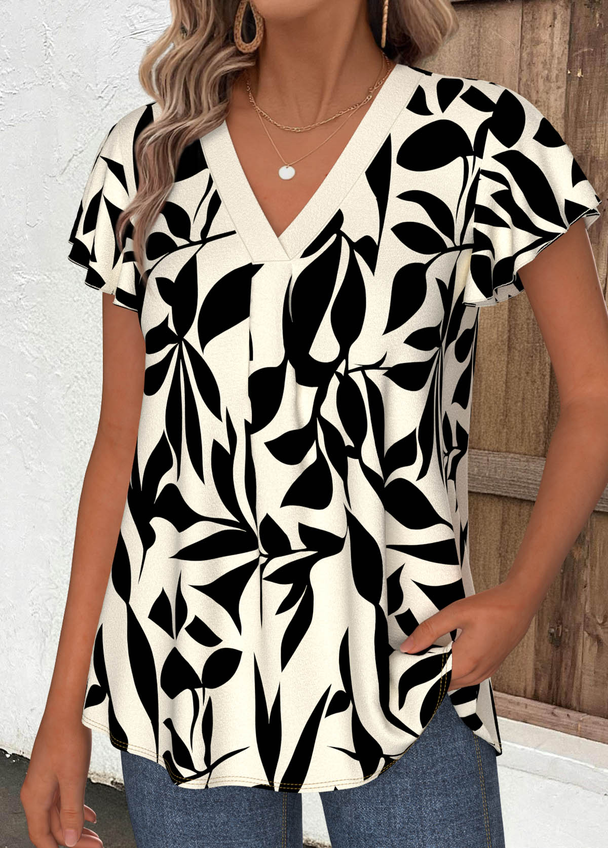 Beige Leaf Print Patchwork Short Sleeve T Shirt | picture 