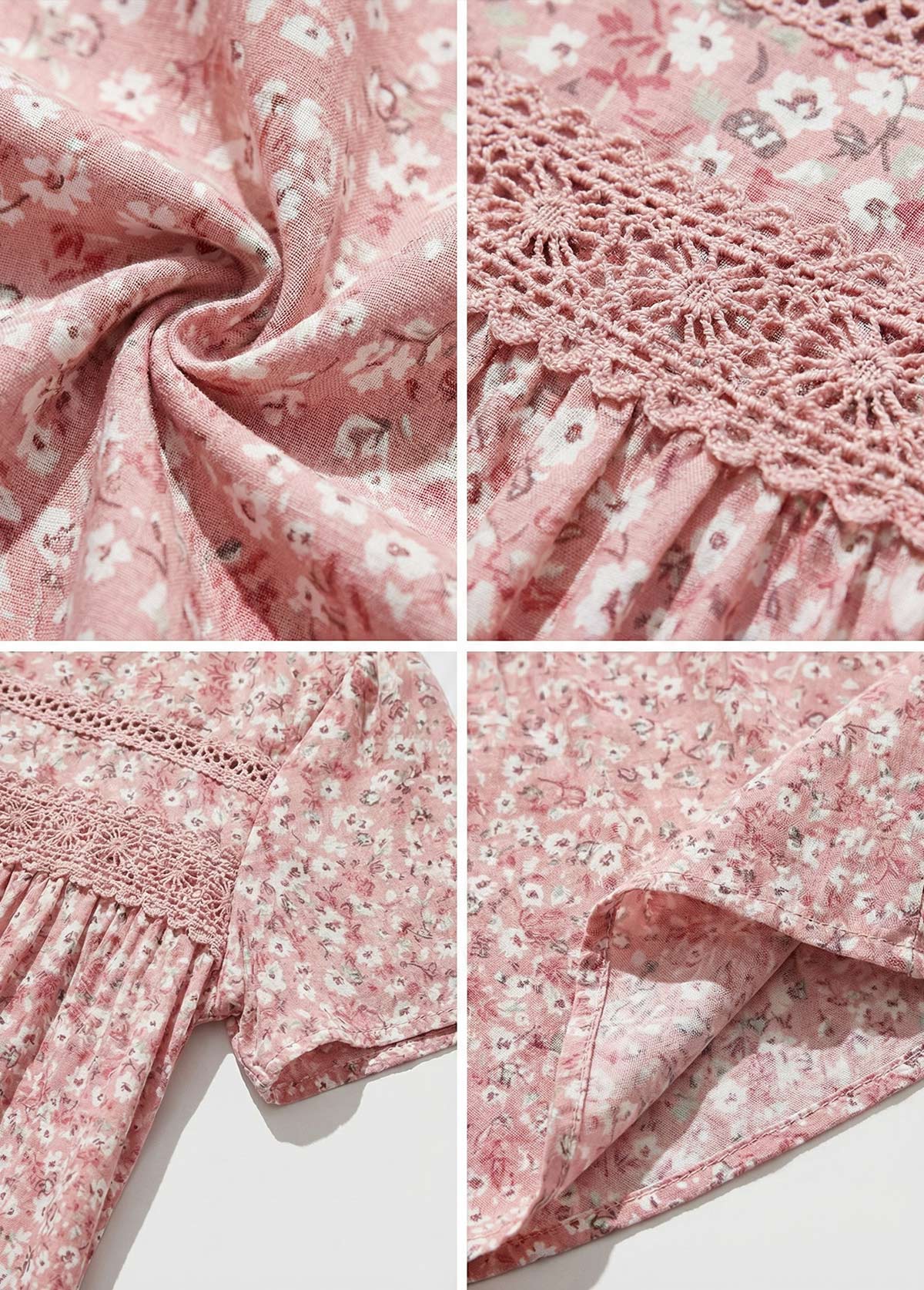 Pink Ditsy Floral Print Short Patchwork Round Neck Dress | picture 