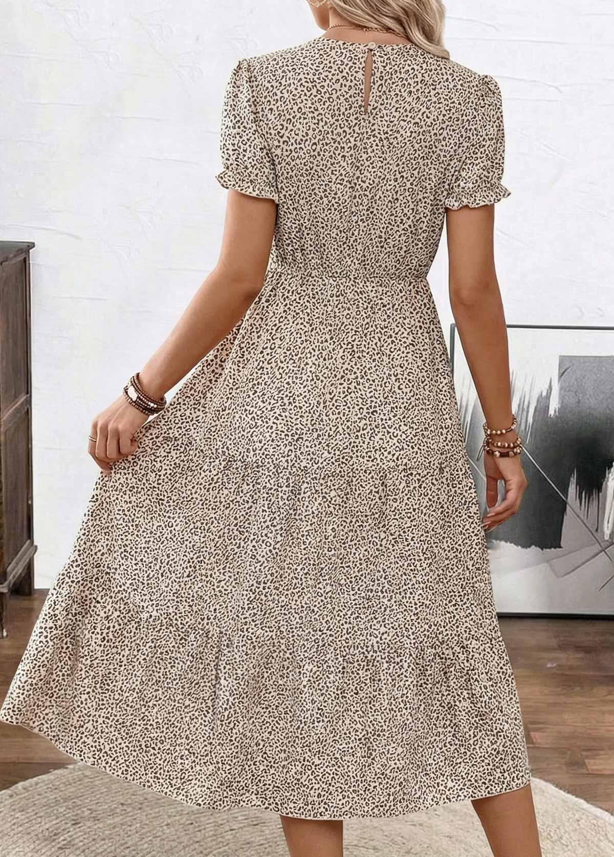 Light Camel Leopard Shirred Short Sleeve Round Neck Dress | picture 