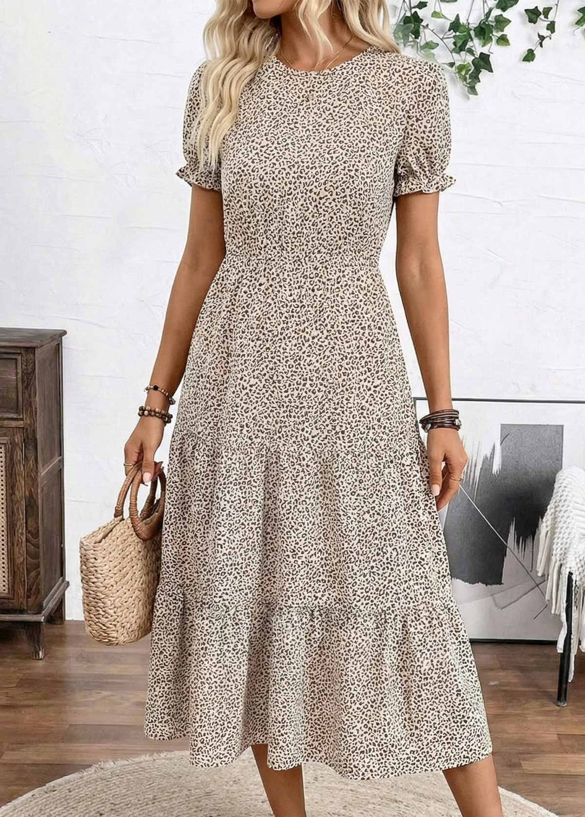 Light Camel Leopard Shirred Short Sleeve Round Neck Dress | picture 
