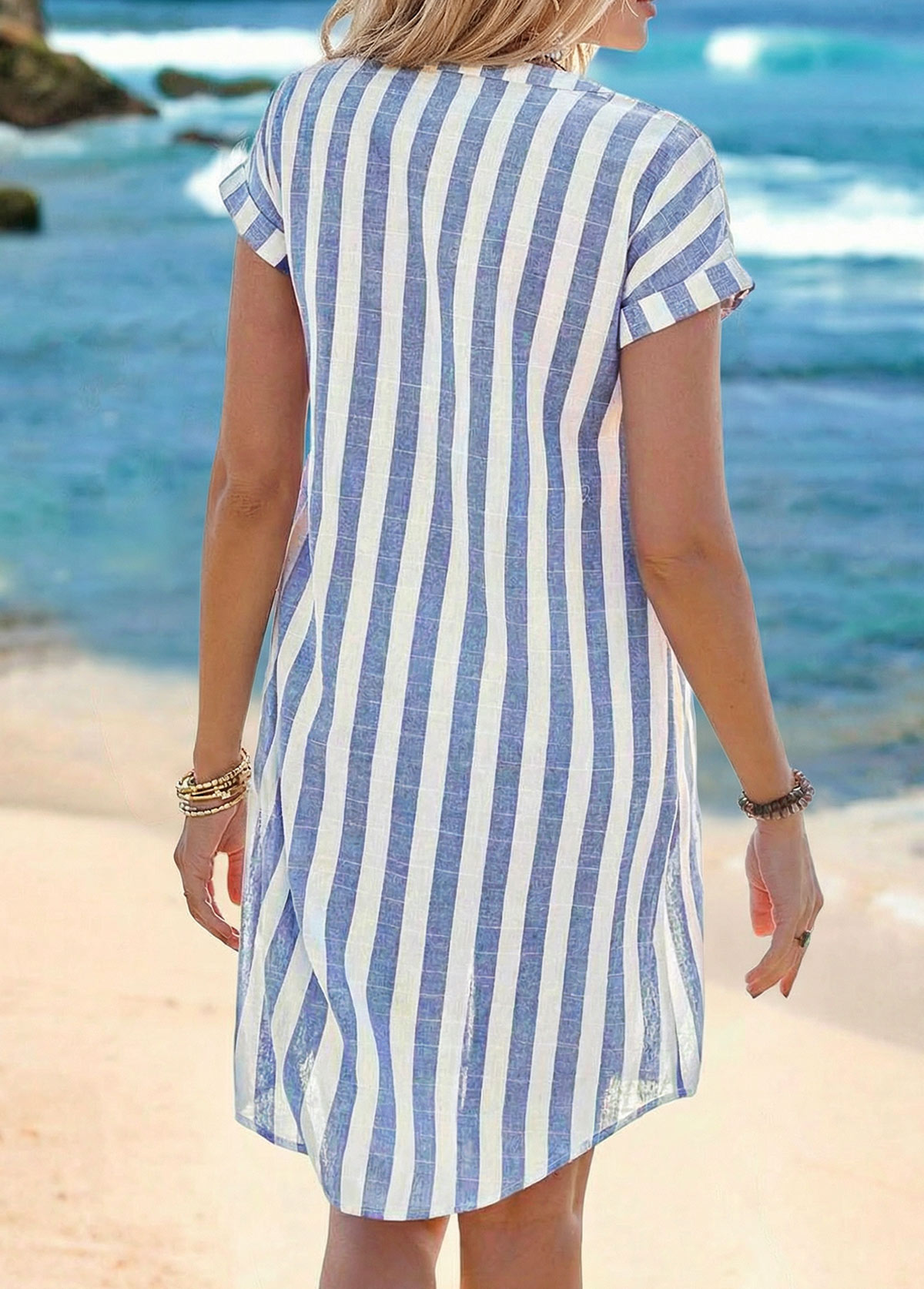 Dusty Blue Striped Short Tummy Coverage Split Neck Dress | picture 