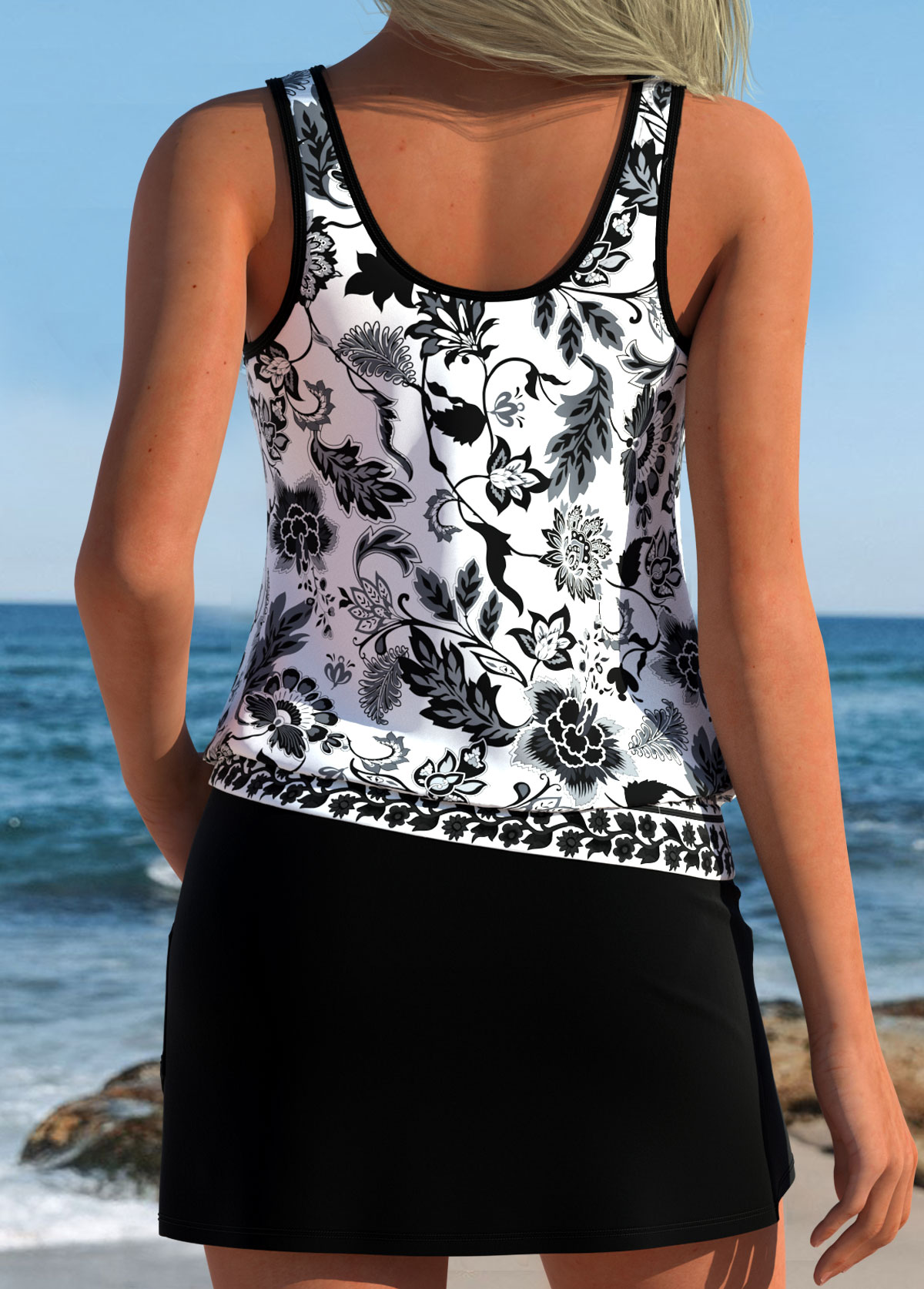 Black Mid Waisted Pocket Tribal Print Tankini Set | picture 