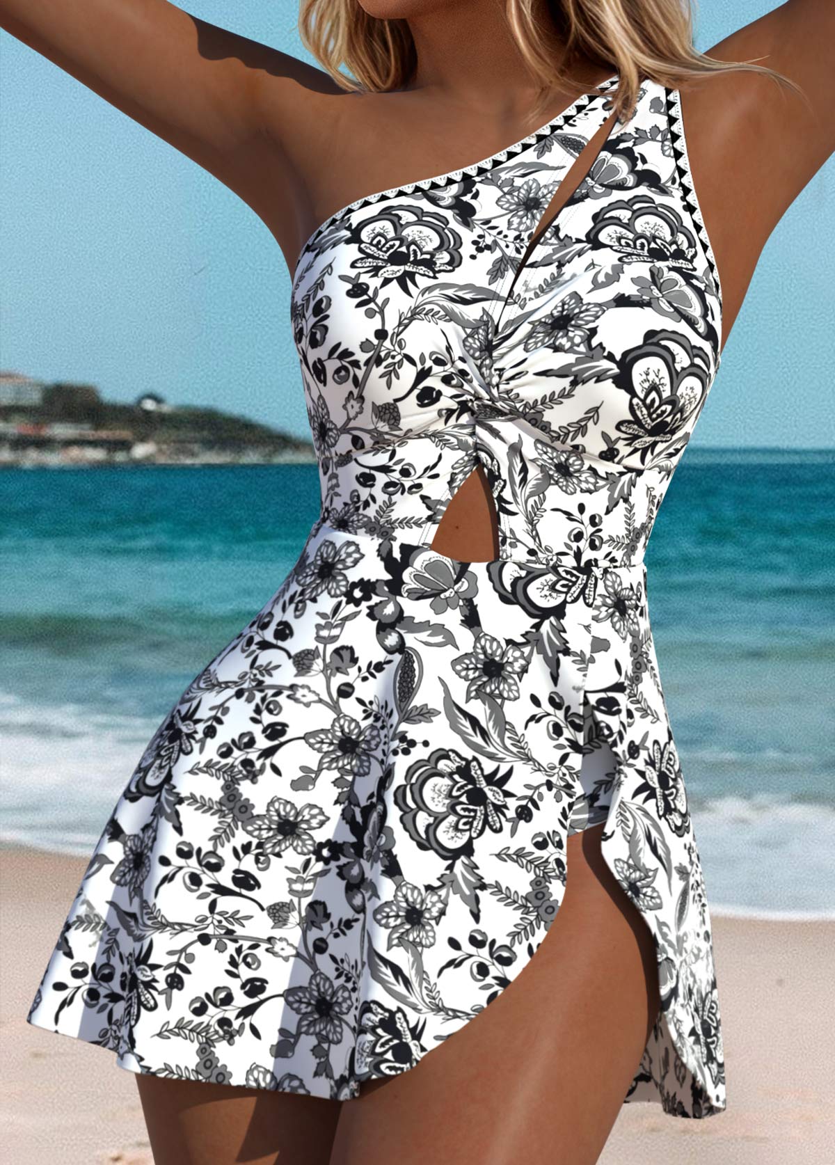 Black Layered Random Floral Print One Piece Swimdress | picture 