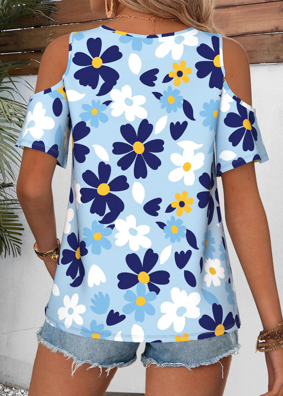 Blue Floral Print Twist Short Sleeve T Shirt | picture 