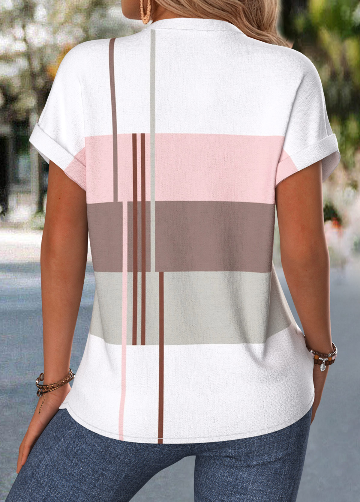 Pink Geometric Print Tummy Coverage Short Sleeve Blouse | picture 