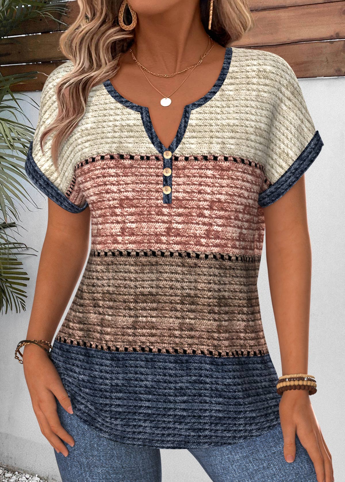 Multi Color Striped Curved Hem Short Sleeve Blouse | picture 