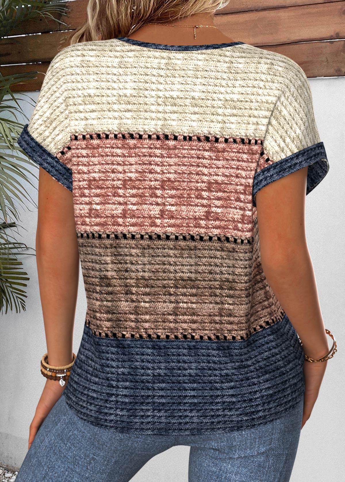 Multi Color Striped Curved Hem Short Sleeve Blouse | picture 