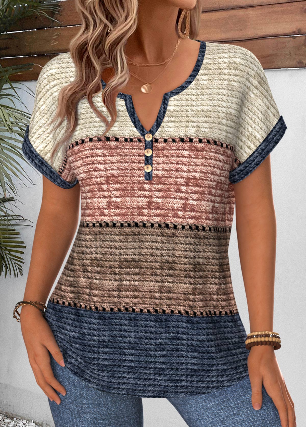 Multi Color Striped Curved Hem Short Sleeve Blouse | picture 