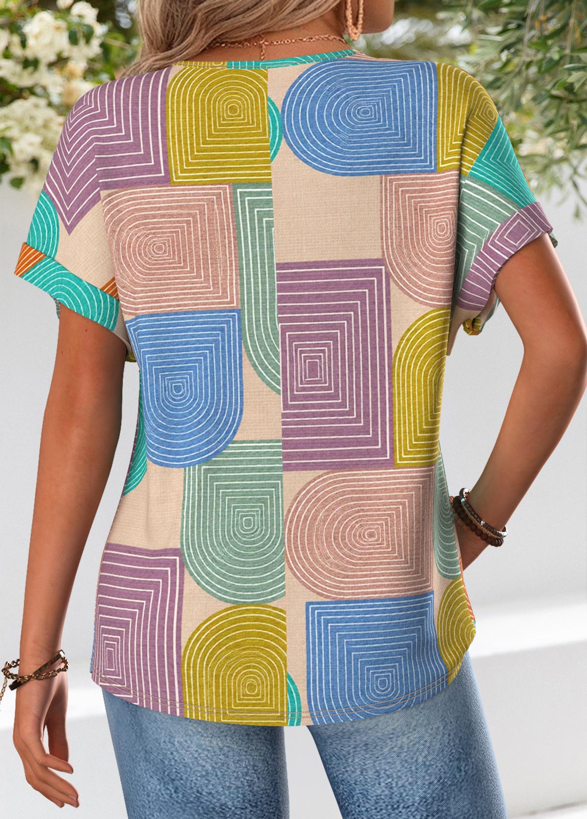 Multi Color Geometric Print Tummy Coverage T Shirt | picture 