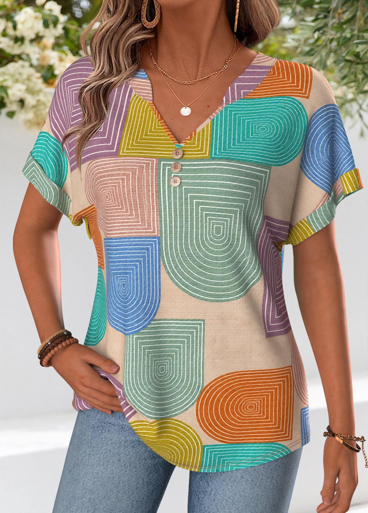 Multi Color Geometric Print Tummy Coverage T Shirt | picture 