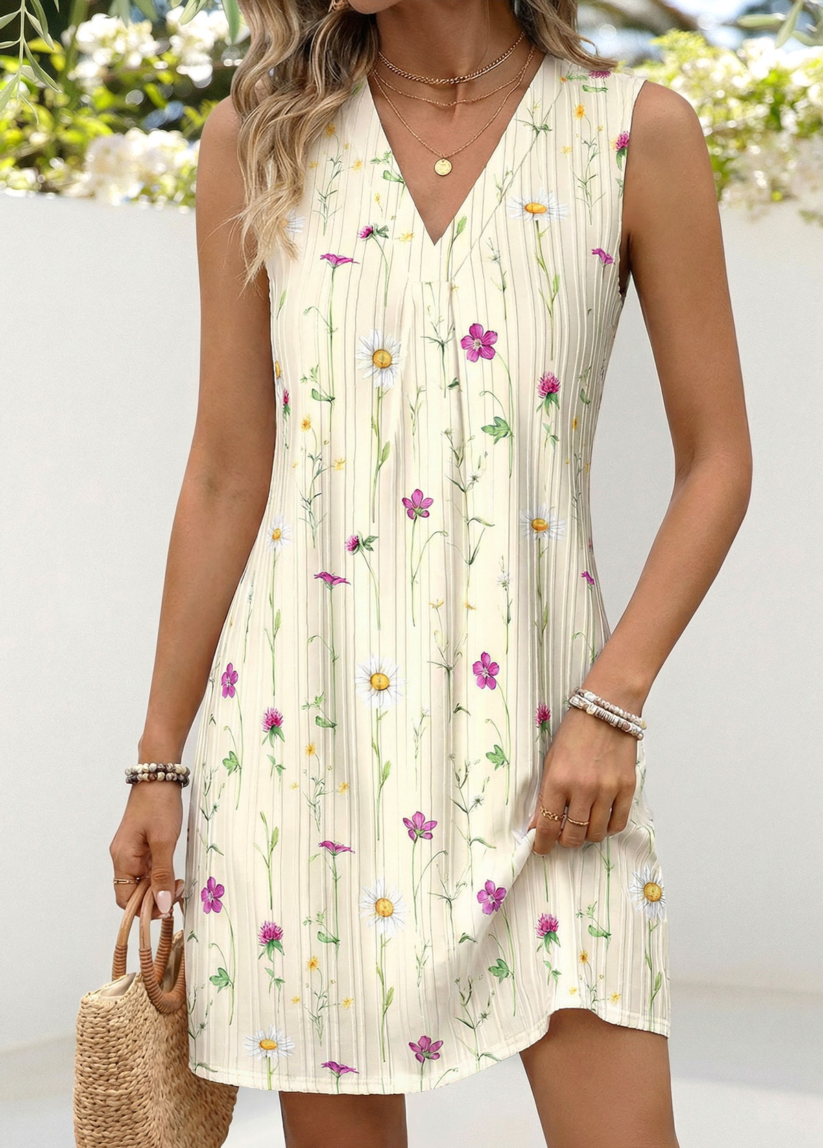 Beige Floral Print Short Tummy Coverage Sleeveless Dress | picture 