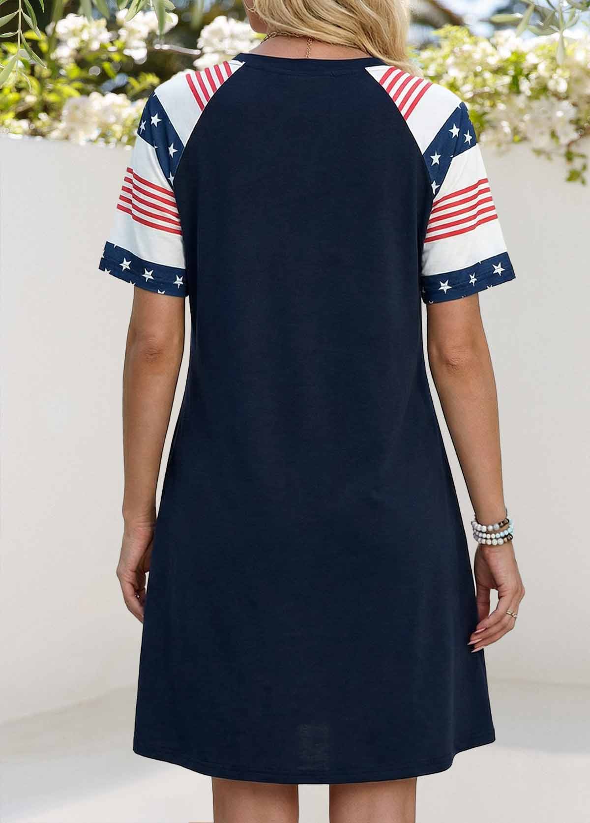 Navy Flag Print Short Tummy Coverage V Neck Dress | picture 