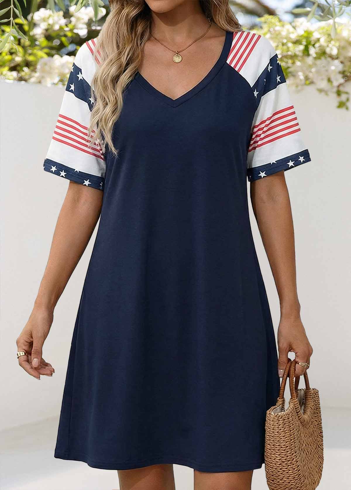 Navy Flag Print Short Tummy Coverage V Neck Dress | picture 