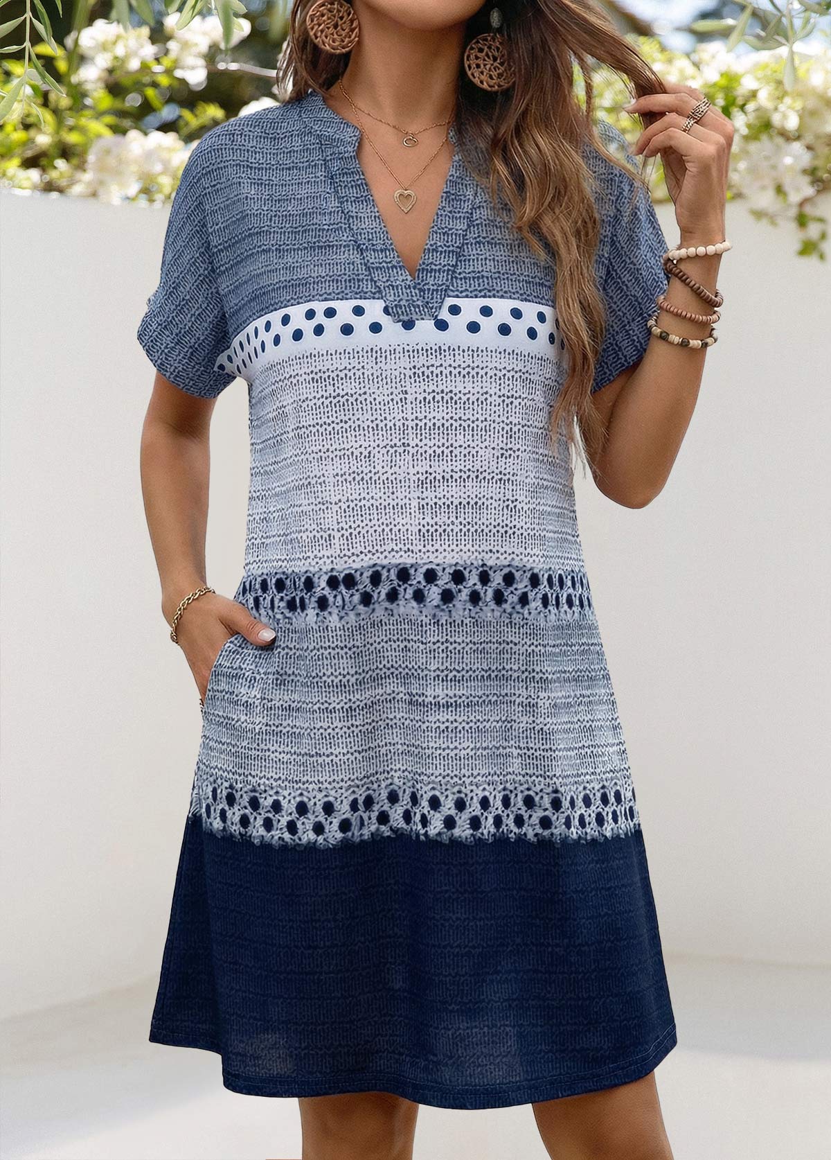 Blue Geometric Print Short Patch Pocket Split Neck Dress | picture 