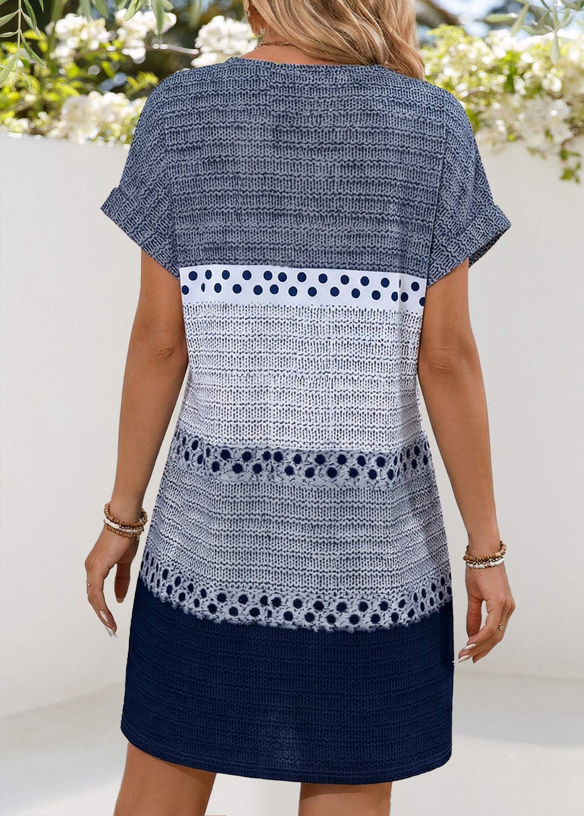 Blue Geometric Print Short Patch Pocket Split Neck Dress | picture 