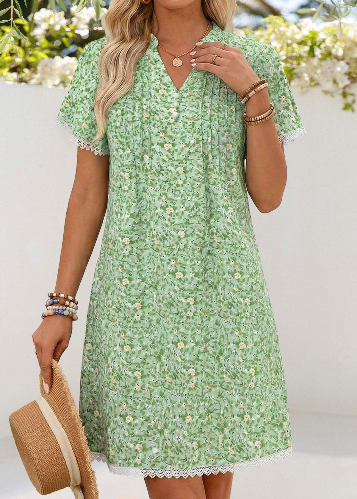 Light Green Ditsy Floral Print Short Tuck Stitch Dress | picture 