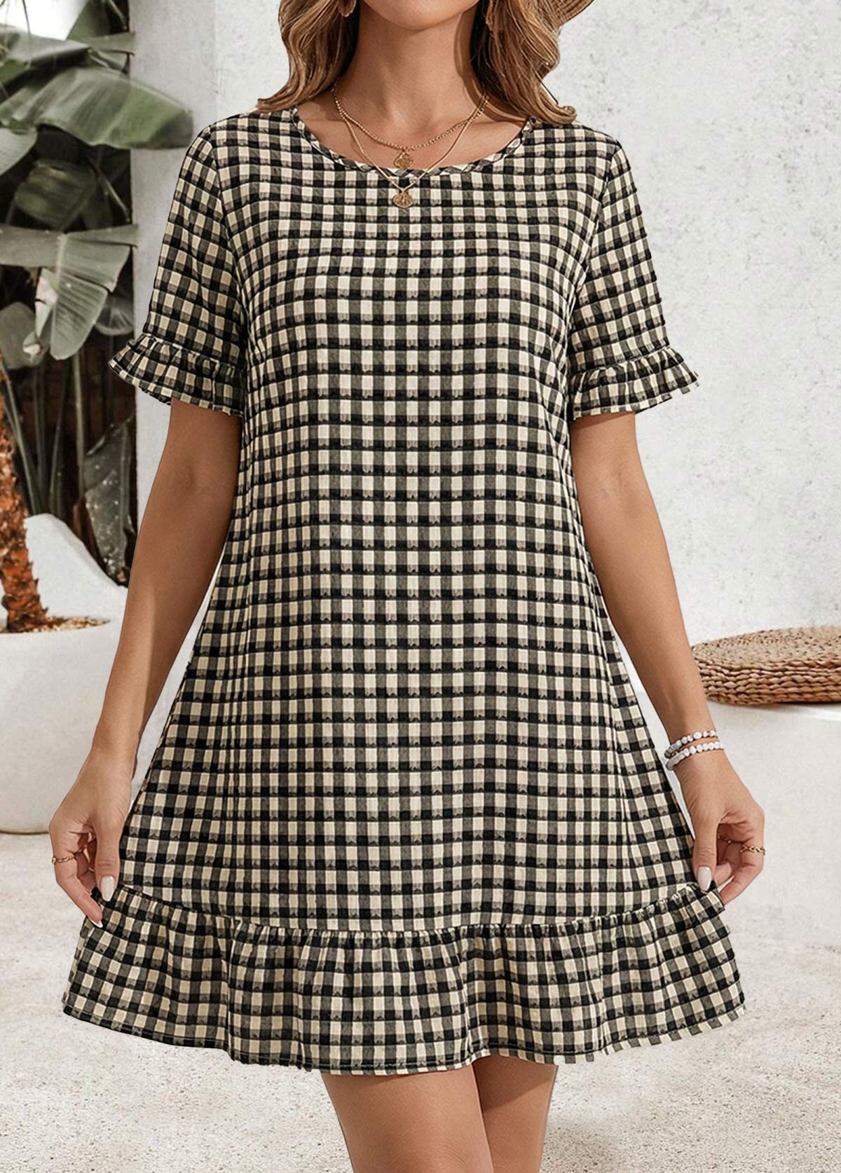 Black Plaid Short Patchwork Round Neck Dress | picture 