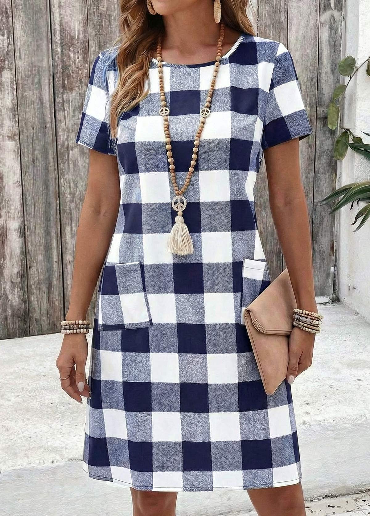 Navy Plaid Short Double Side Pockets Round Neck Dress | picture 