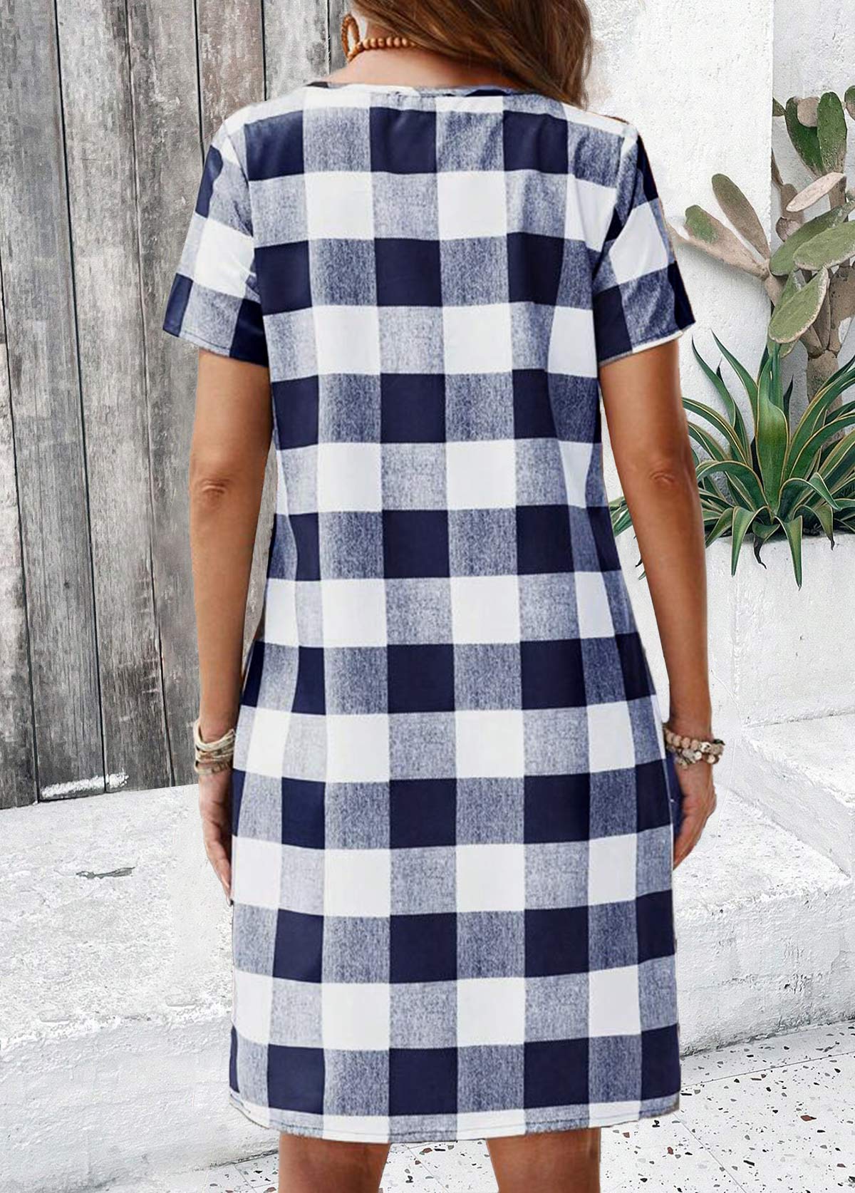 Navy Plaid Short Double Side Pockets Round Neck Dress | picture 