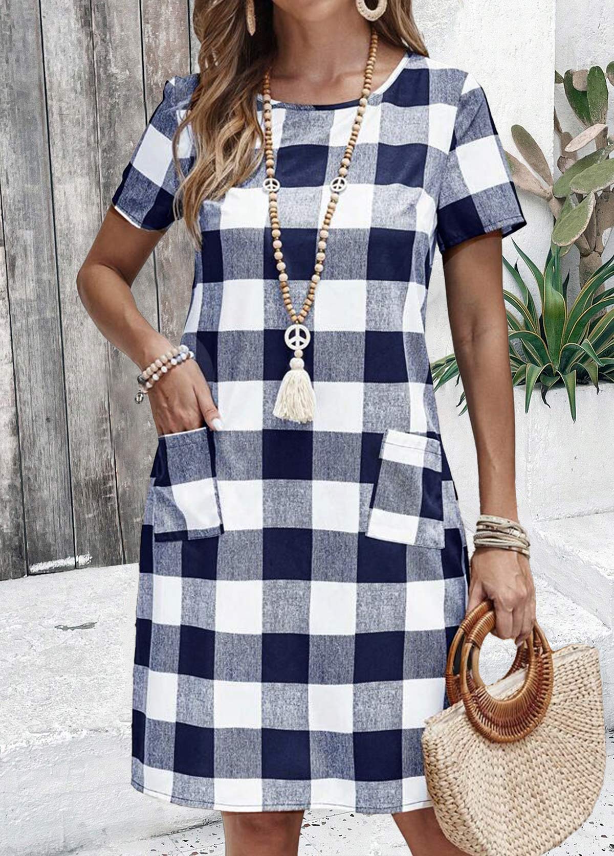 Navy Plaid Short Double Side Pockets Round Neck Dress | picture 