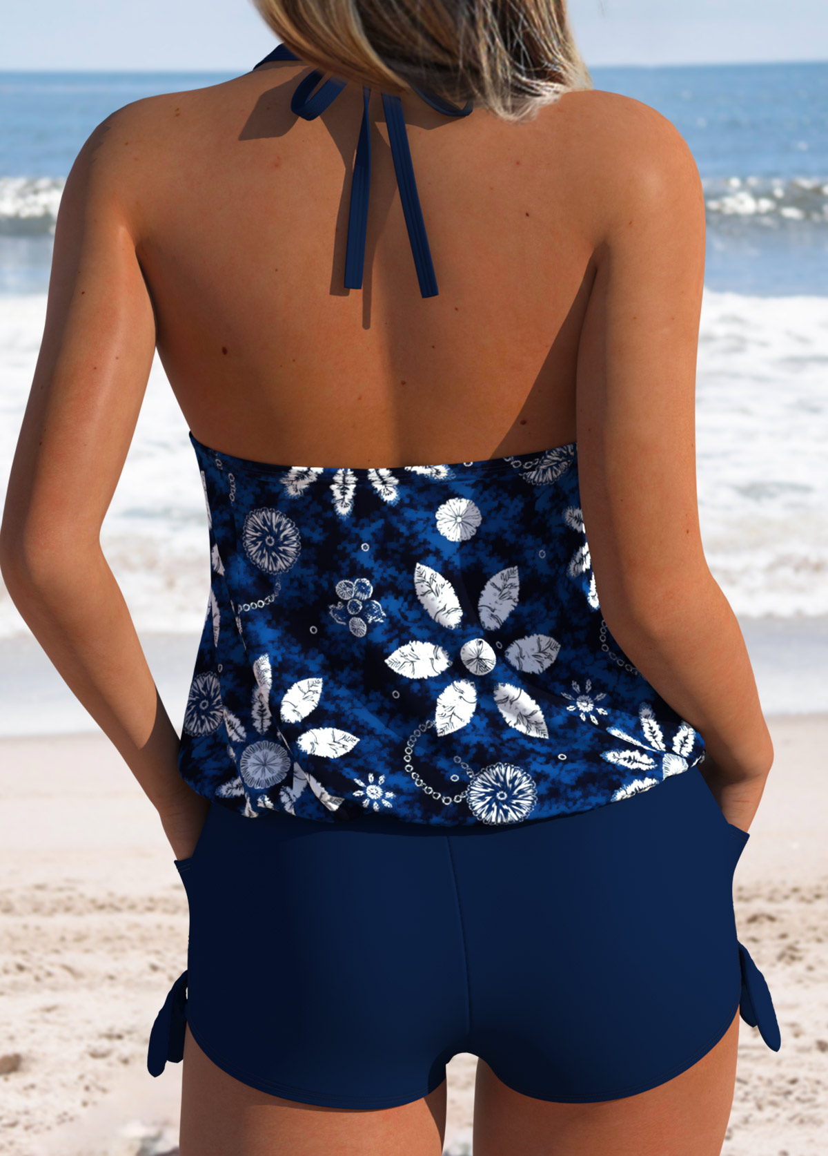 Navy Mid Waisted Drawstring Tie Dye Print Tankini Set | picture 