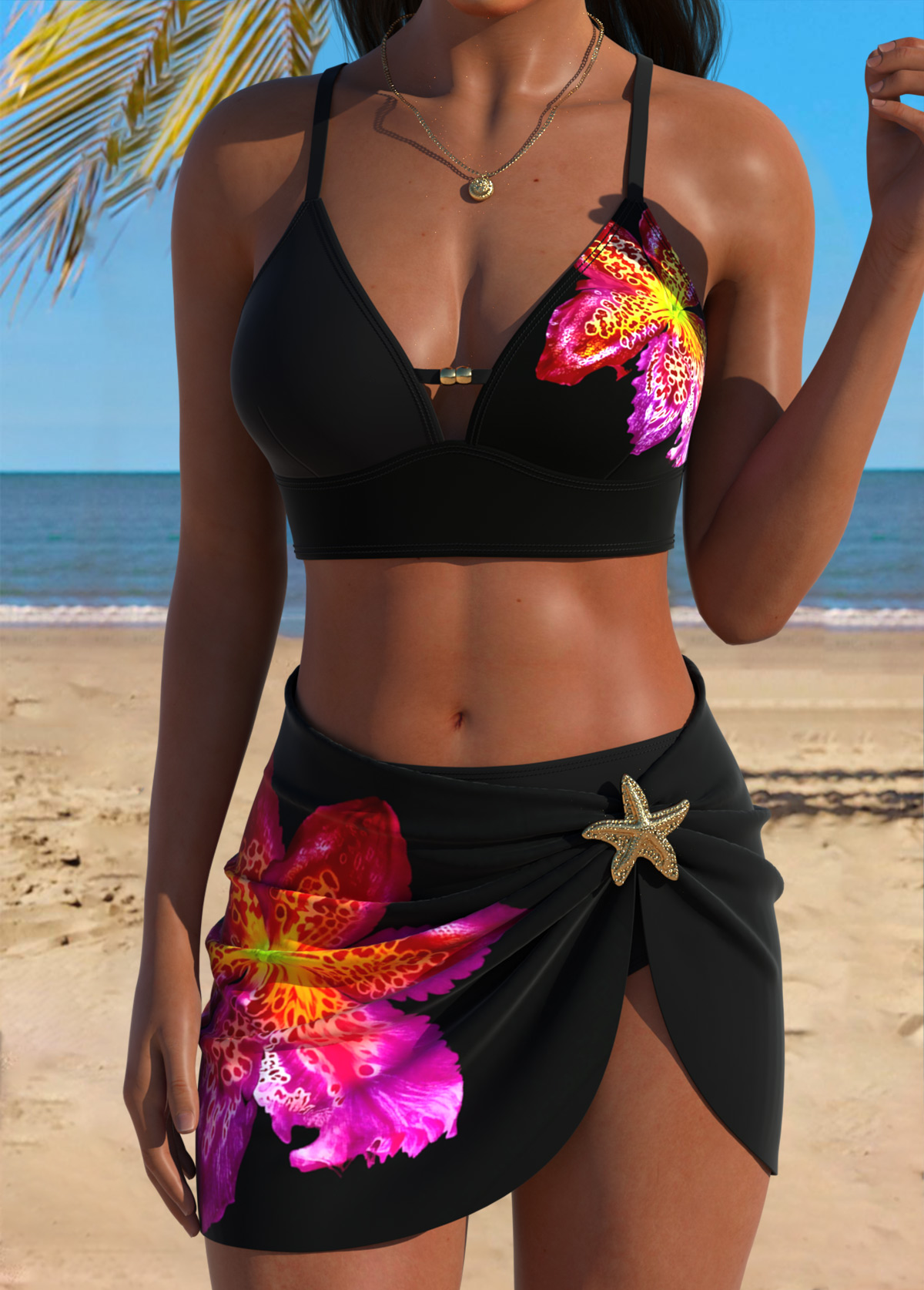 Black Mid Waisted Three-piece Tropical Plants Print Bikini Set | picture 